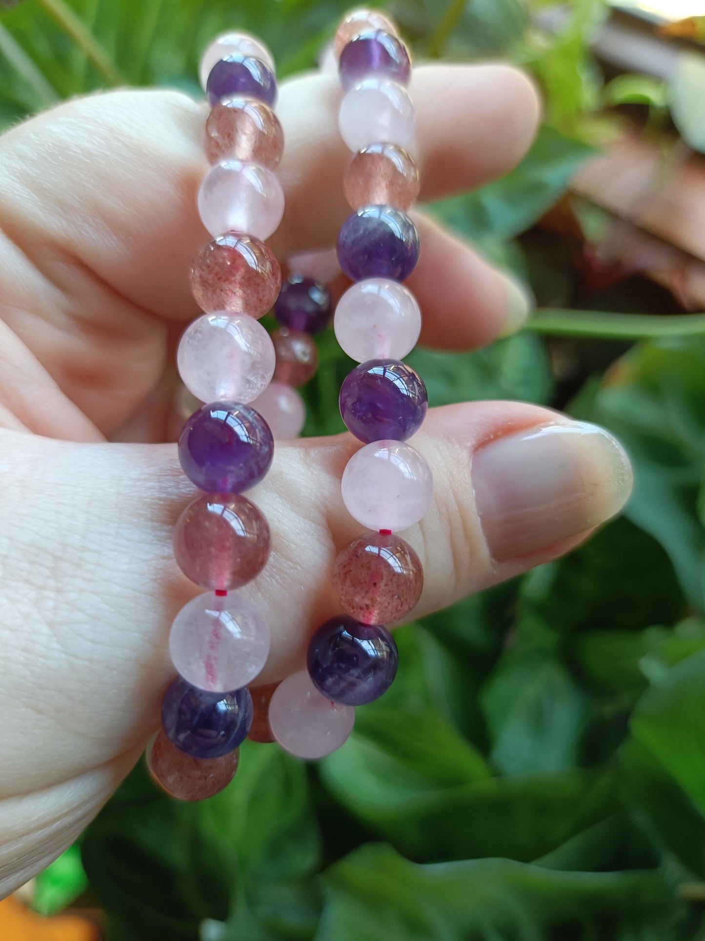 Triple Protection Bracelet - Rose Quartz, Strawberry Quartz, Amethyst - 8mm