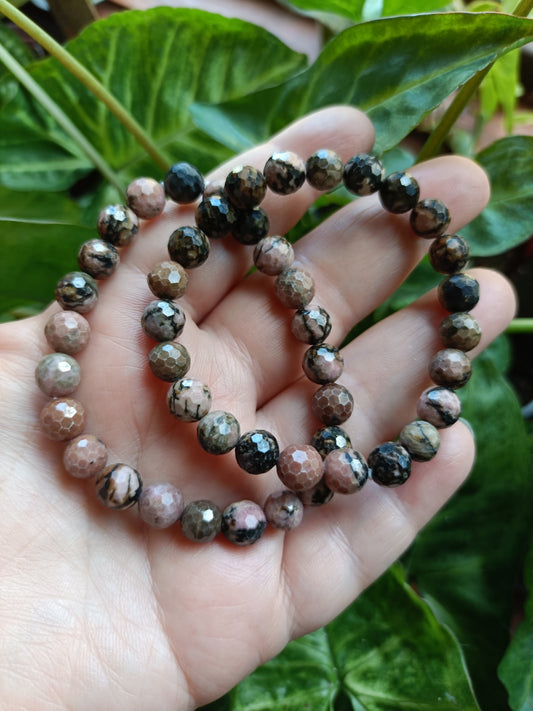 Faceted Rhodonite Round Beaded Stretch Bracelet - 8mm