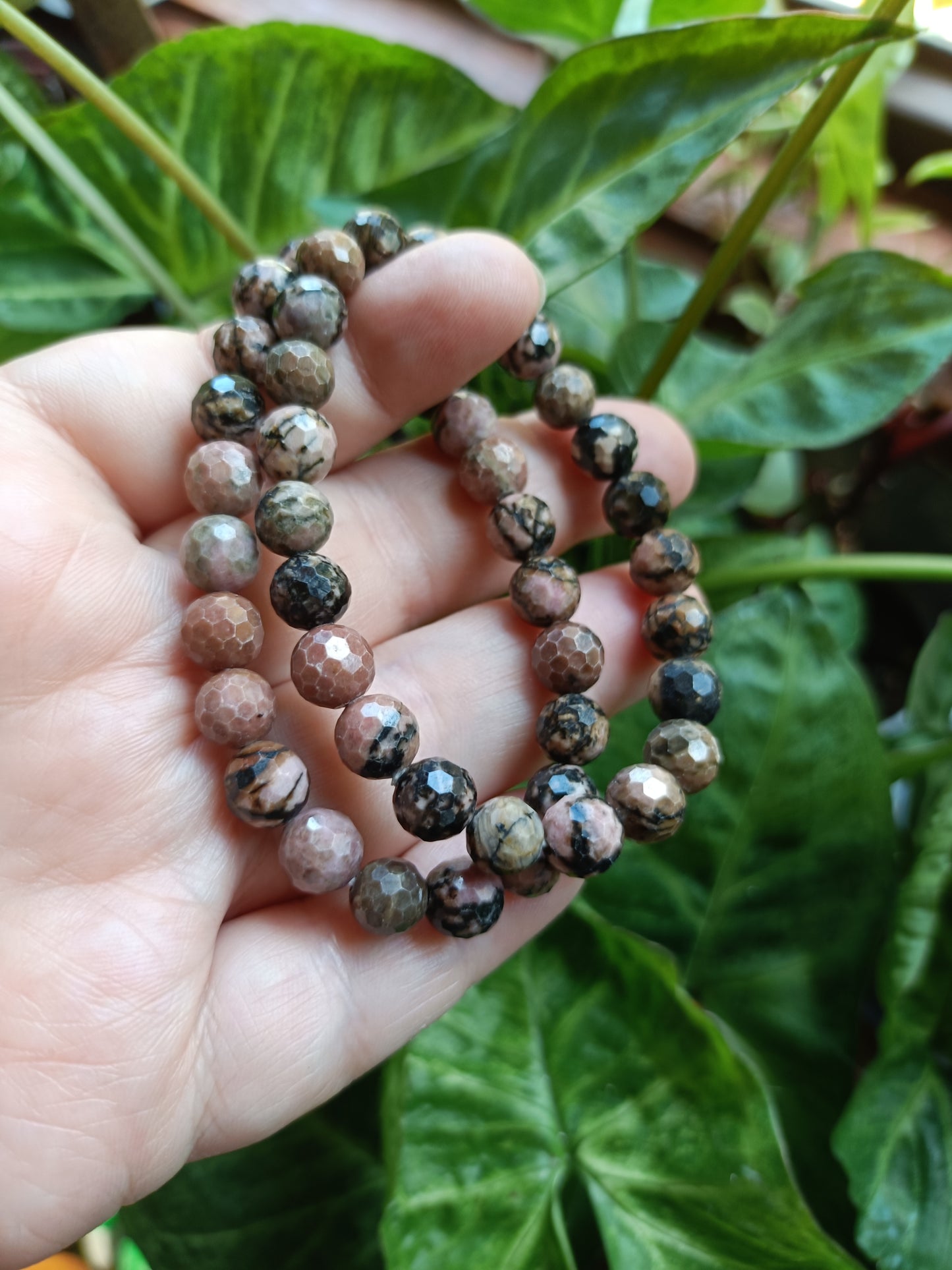 Faceted Rhodonite Round Beaded Stretch Bracelet - 8mm