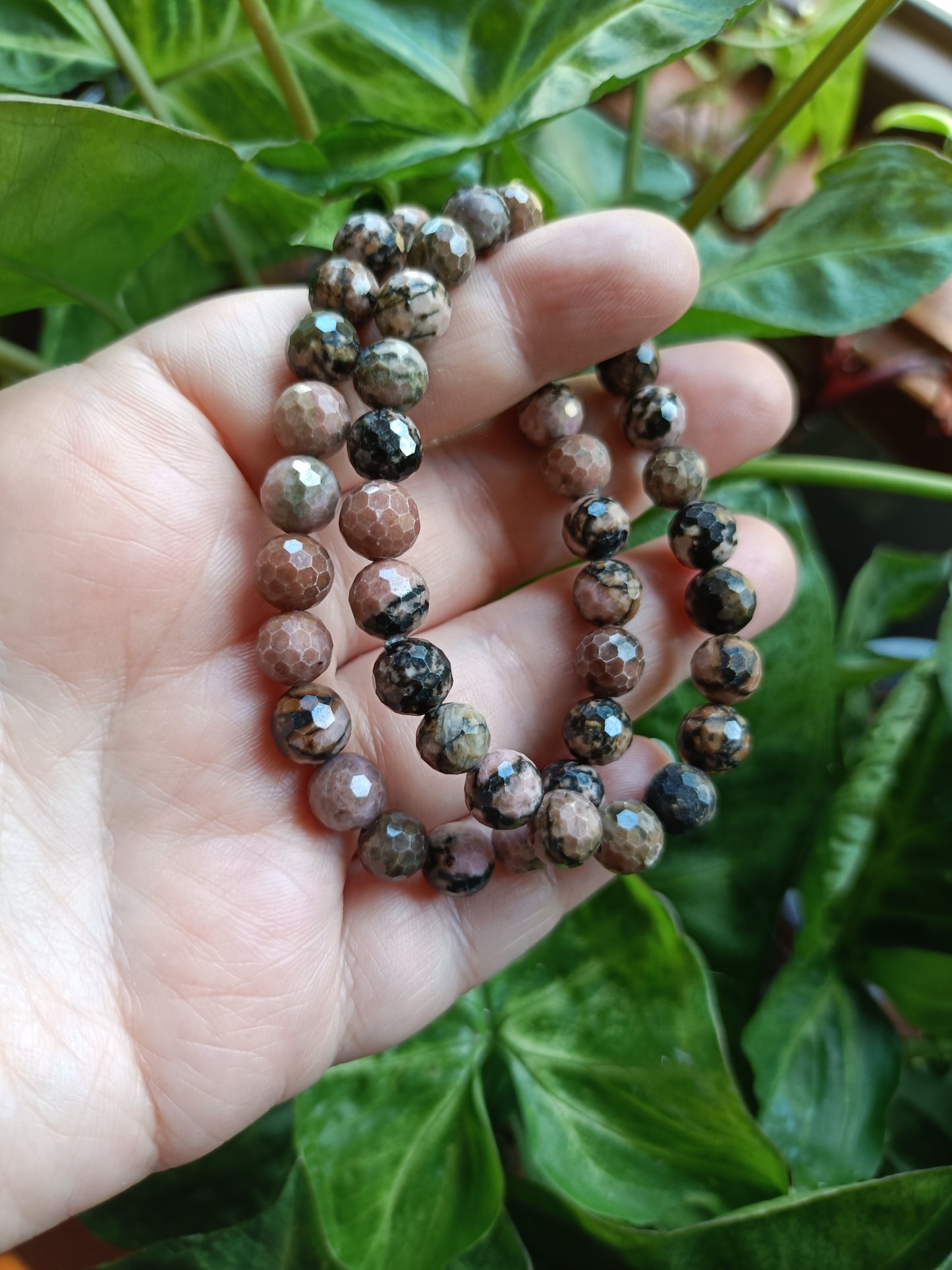 Faceted Rhodonite Round Beaded Stretch Bracelet - 8mm