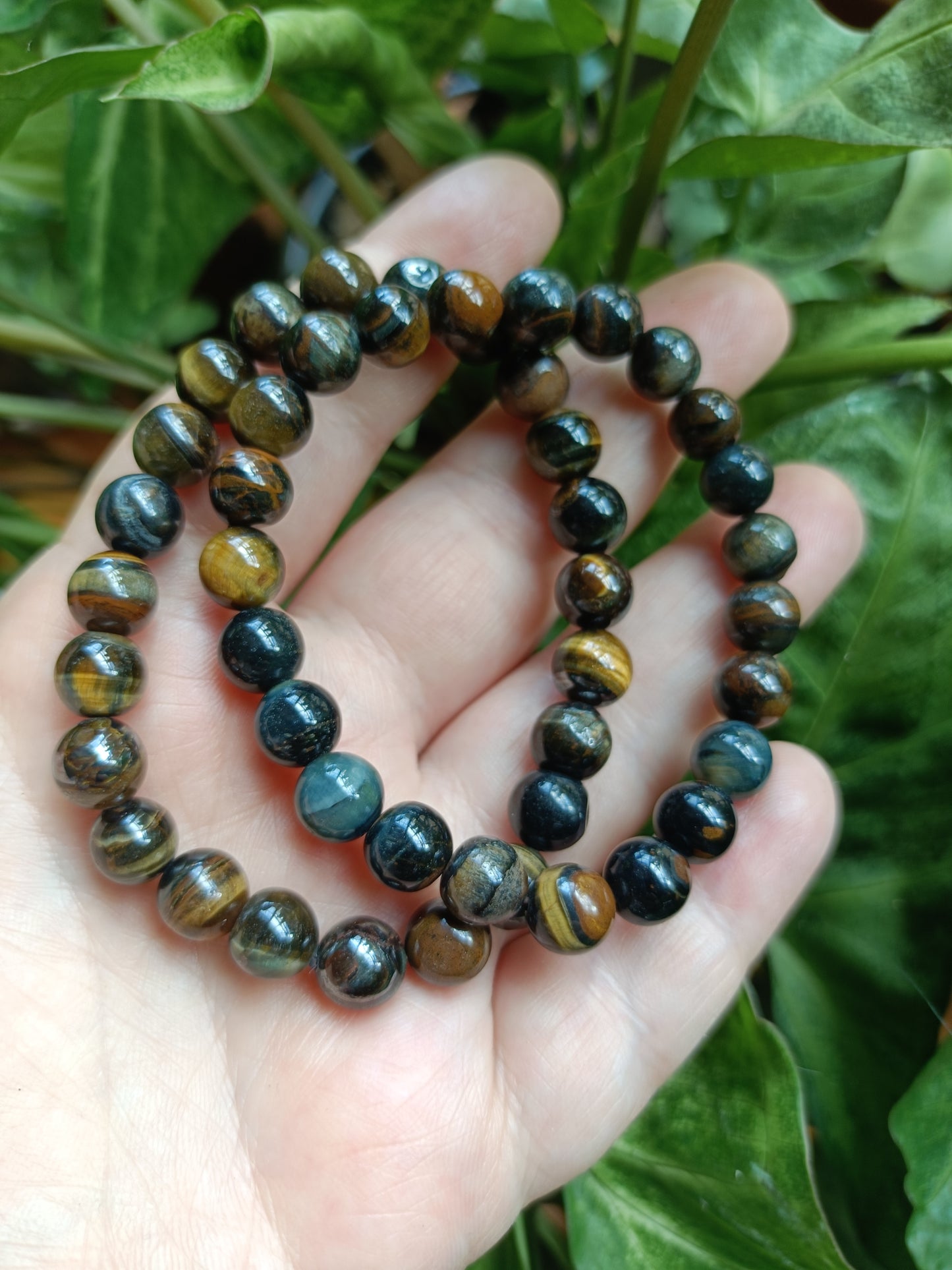 Blue & Gold Tiger's Eye Round Beaded Stretch Bracelet - 8mm