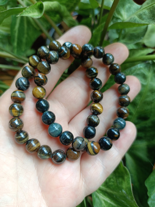 Blue & Gold Tiger's Eye Round Beaded Stretch Bracelet - 8mm