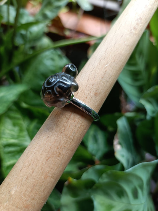 Ice Obsidian Turtle Ring - Silver-Plated Copper