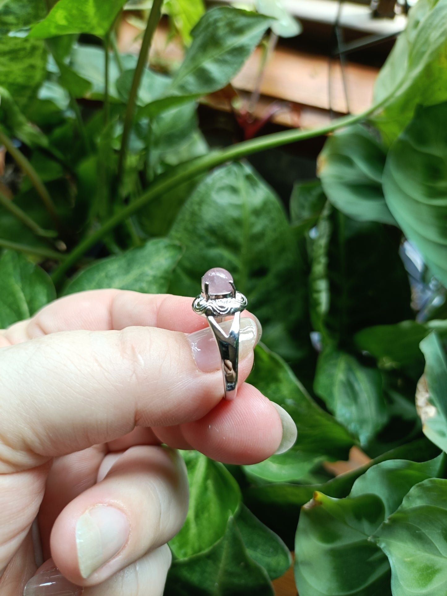 Lavender Rose Quartz Round Cabochon Ring - Silver-Plated Copper