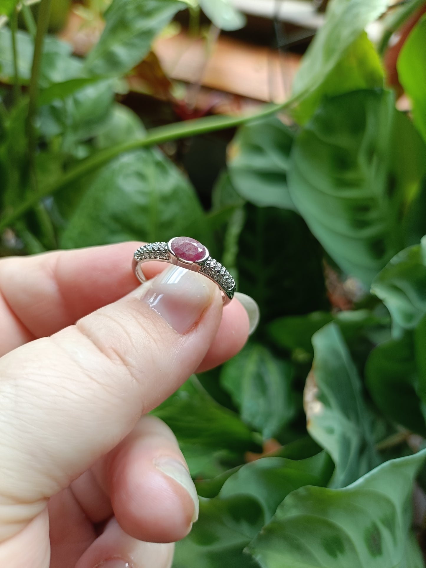 Faceted Ruby and CZ Ring - Silver-Plated Copper