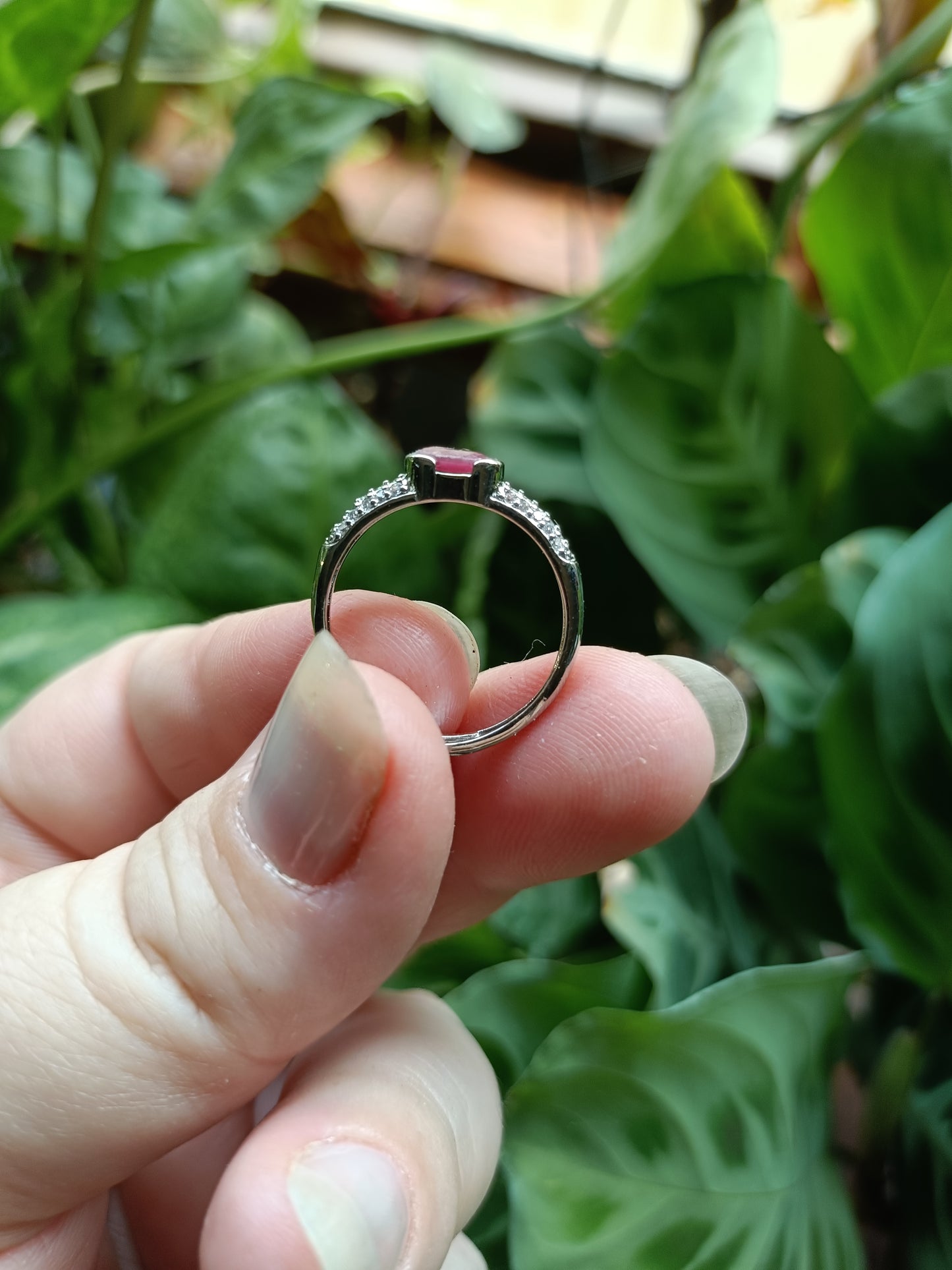 Faceted Ruby and CZ Ring - Silver-Plated Copper