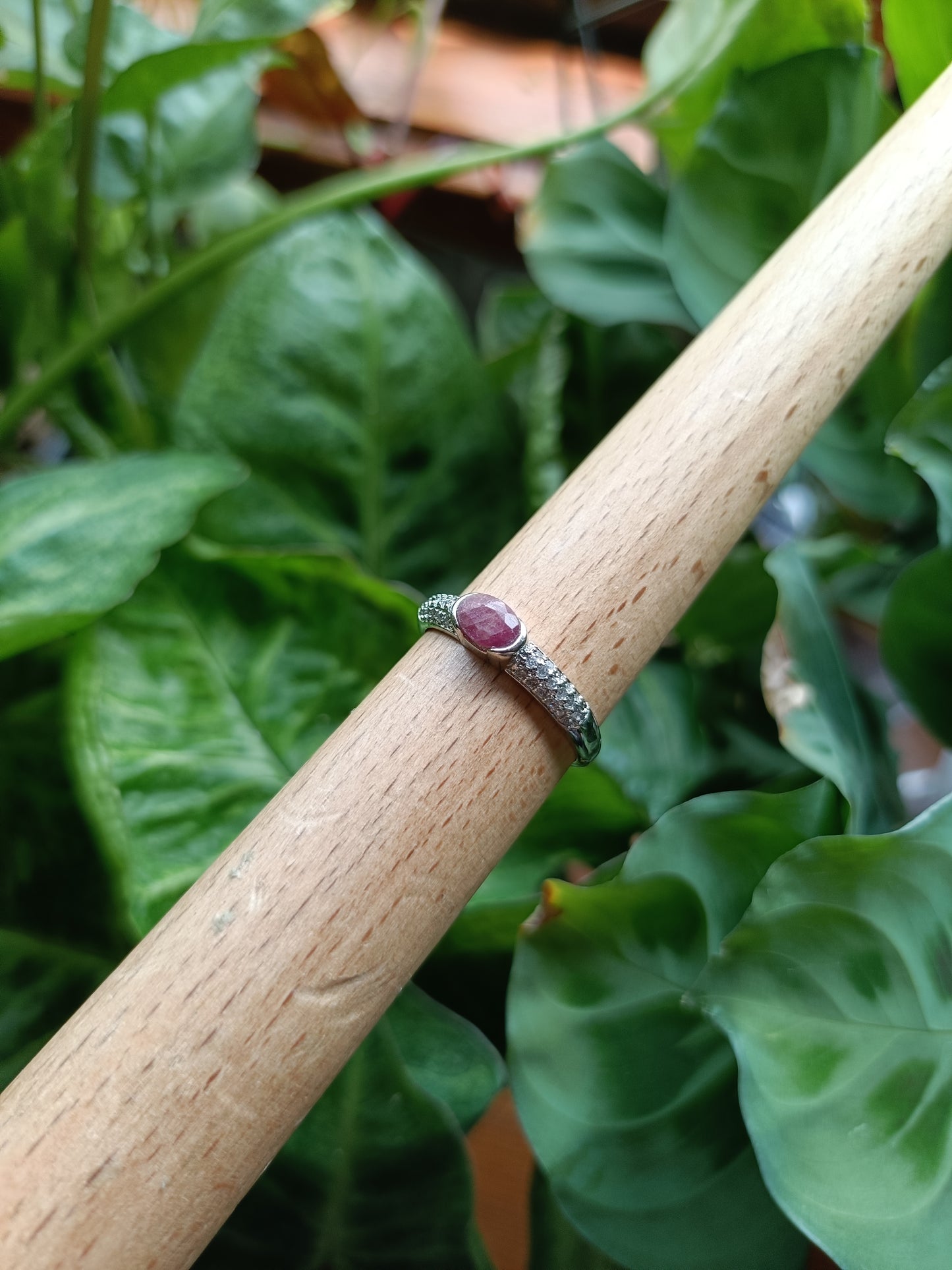 Faceted Ruby and CZ Ring - Silver-Plated Copper