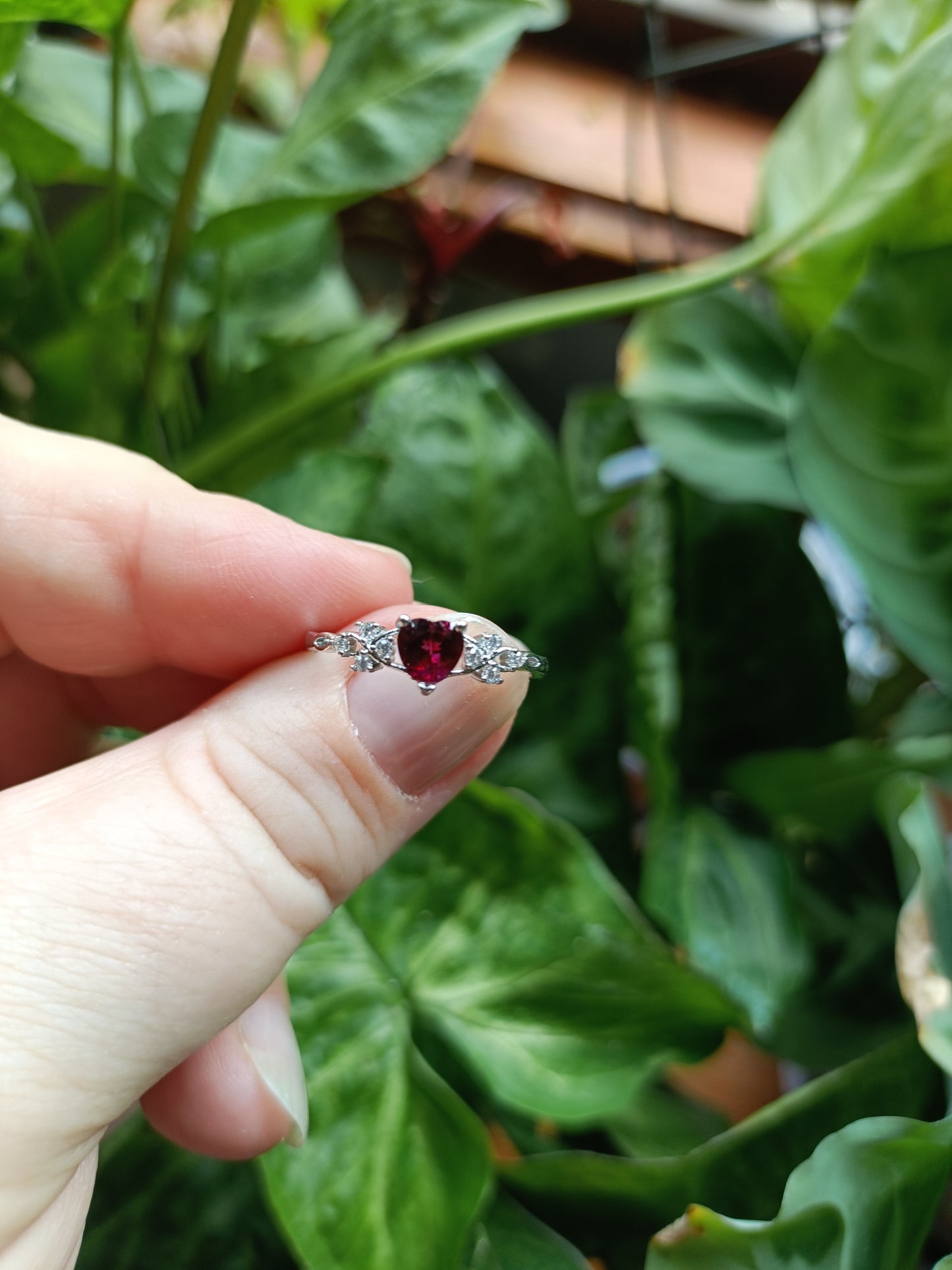 Garnet Heart with CZ Ring - Silver-Plated Copper