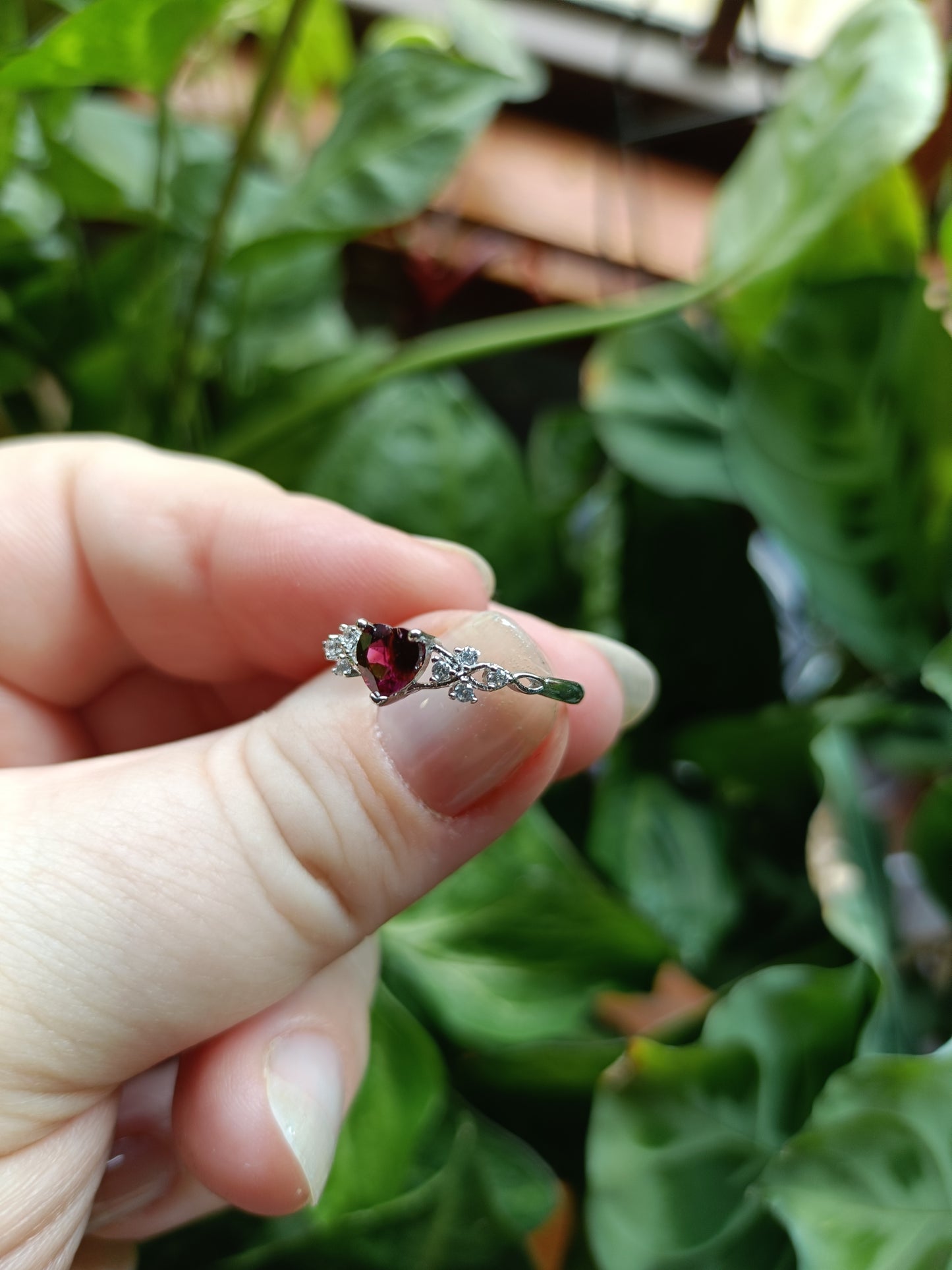 Garnet Heart with CZ Ring - Silver-Plated Copper