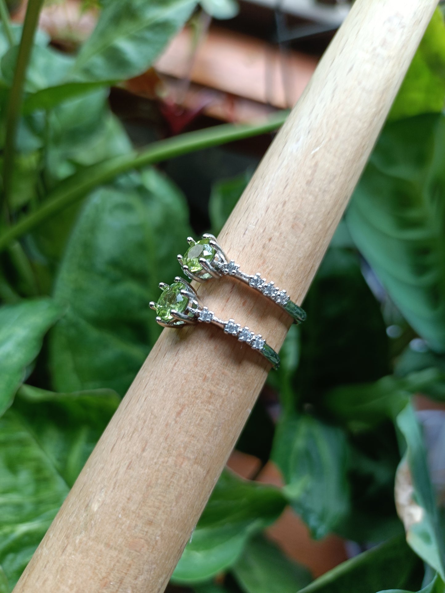 Faceted Peridot and CZ Ring - Silver-Plated Copper