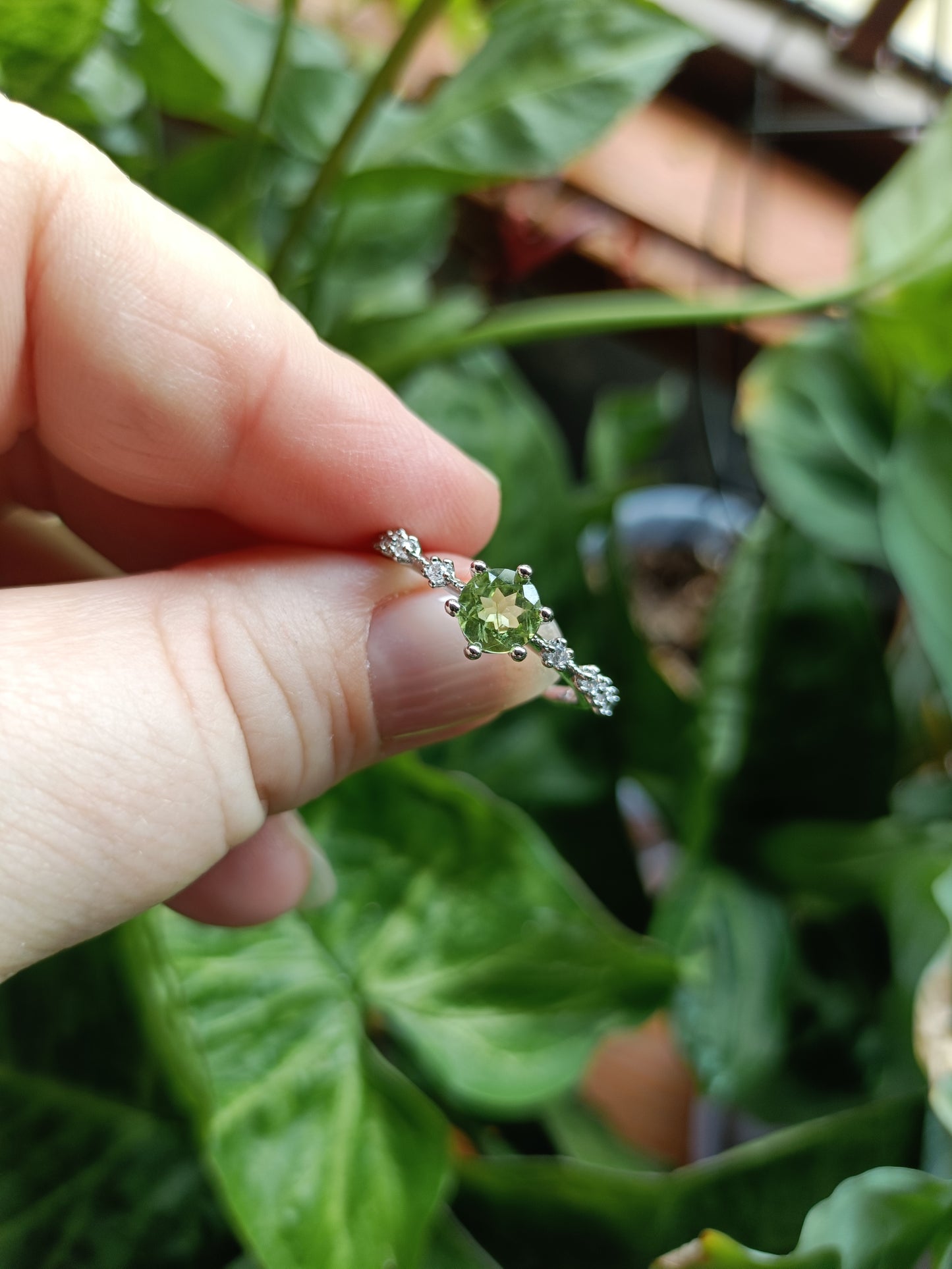 Faceted Peridot and CZ Ring - Silver-Plated Copper