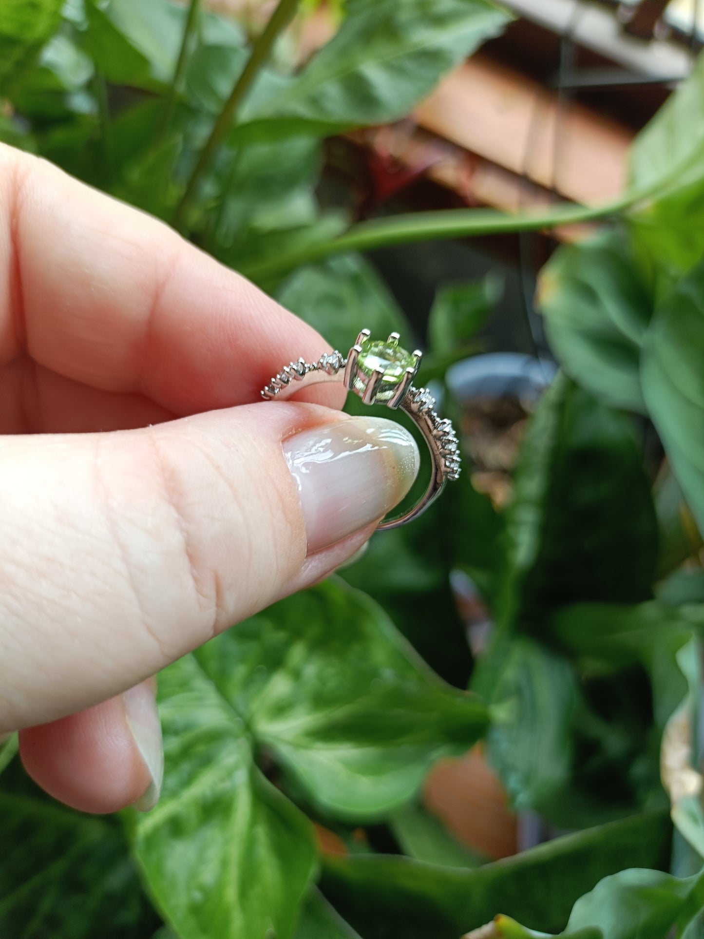 Faceted Peridot and CZ Ring - Silver-Plated Copper