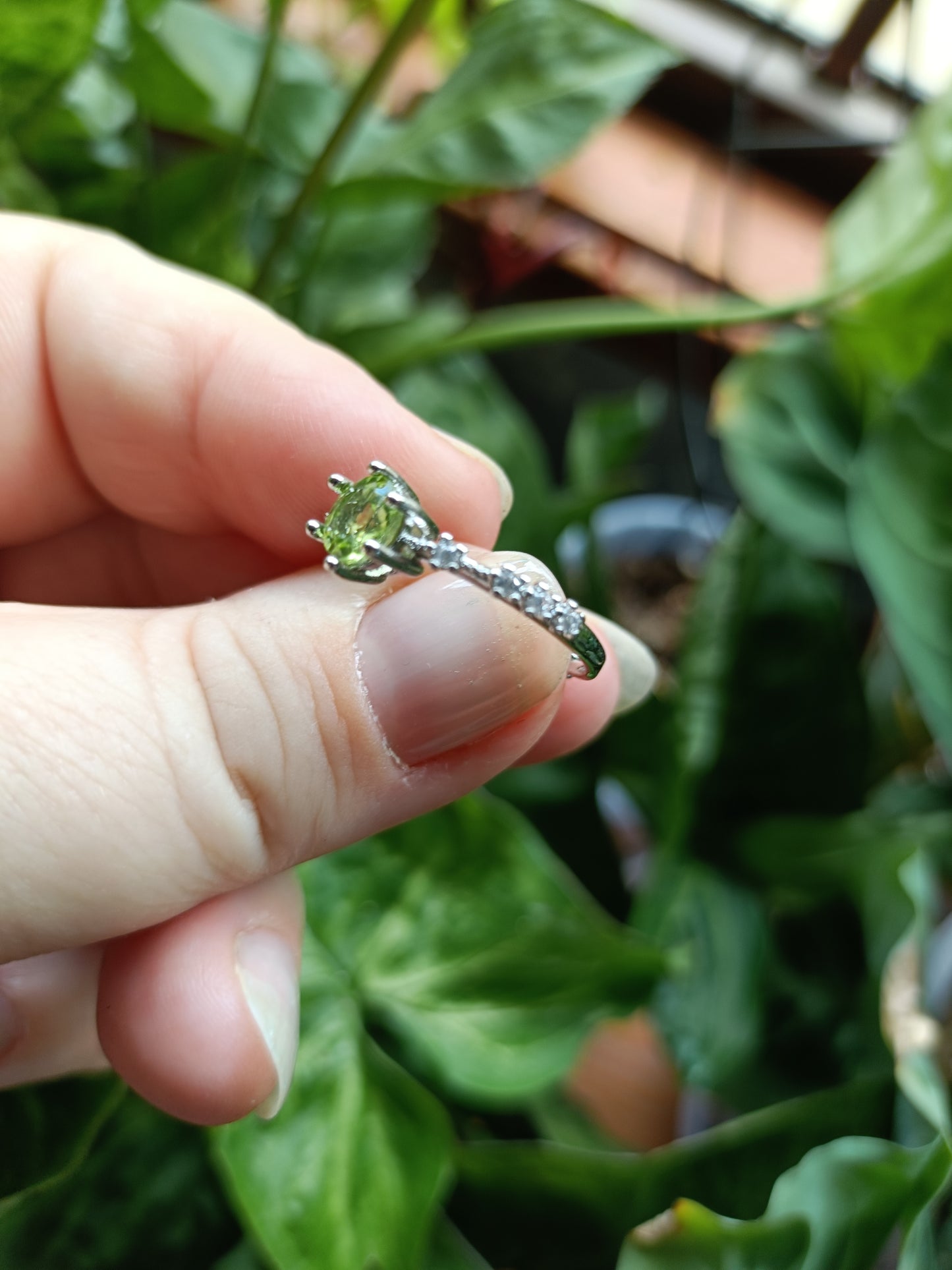 Faceted Peridot and CZ Ring - Silver-Plated Copper