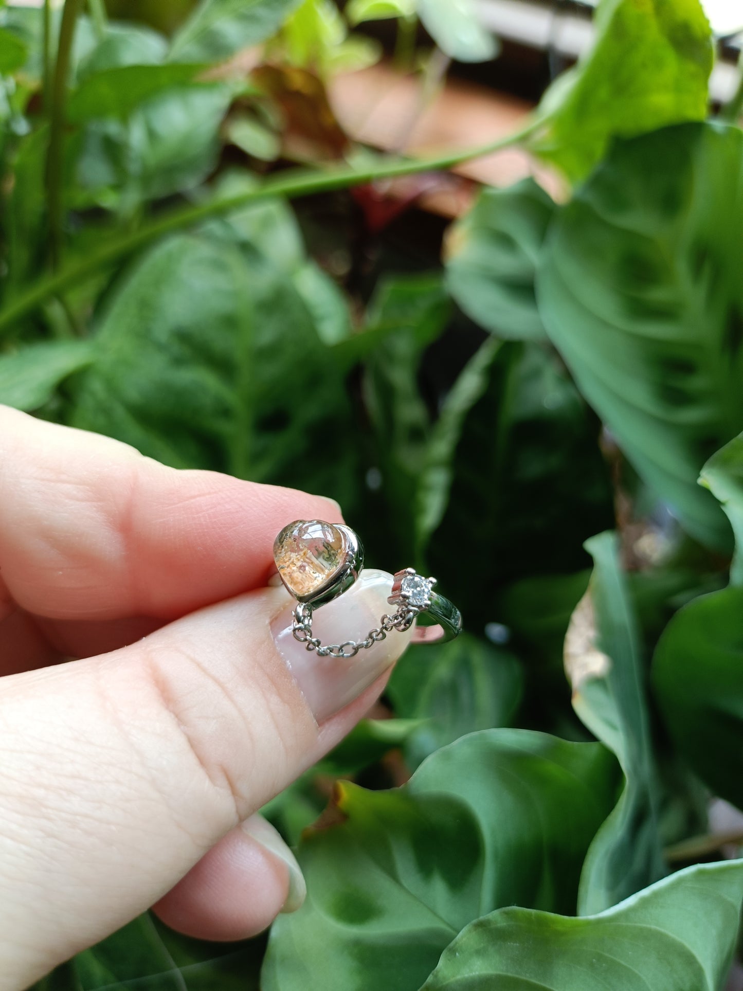 Heart Shaped Garden Quartz/Lodolite Ring - Silver-Plated Copper