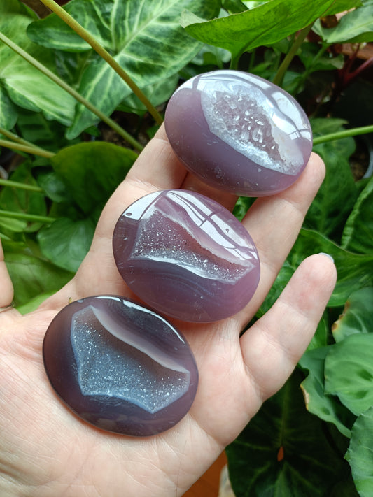 Pink Agate Druzy Palm Stones - 40-50g