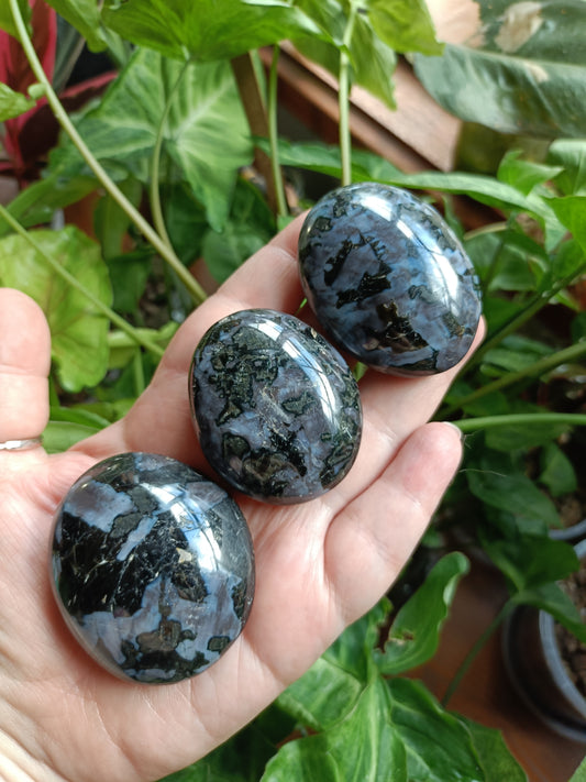'Mystic Merlinite' Indigo Gabbro Palm Stones - 80-110g