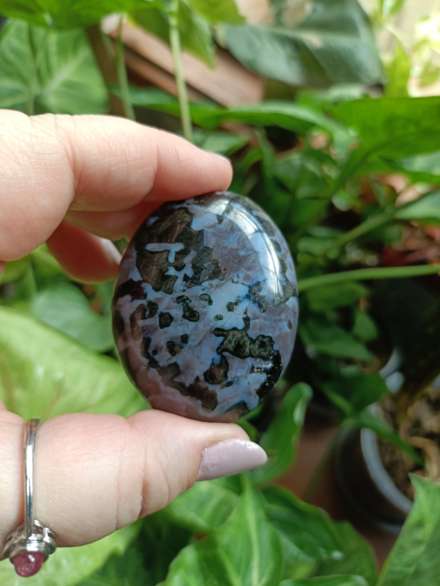 'Mystic Merlinite' Indigo Gabbro Palm Stones - 80-110g