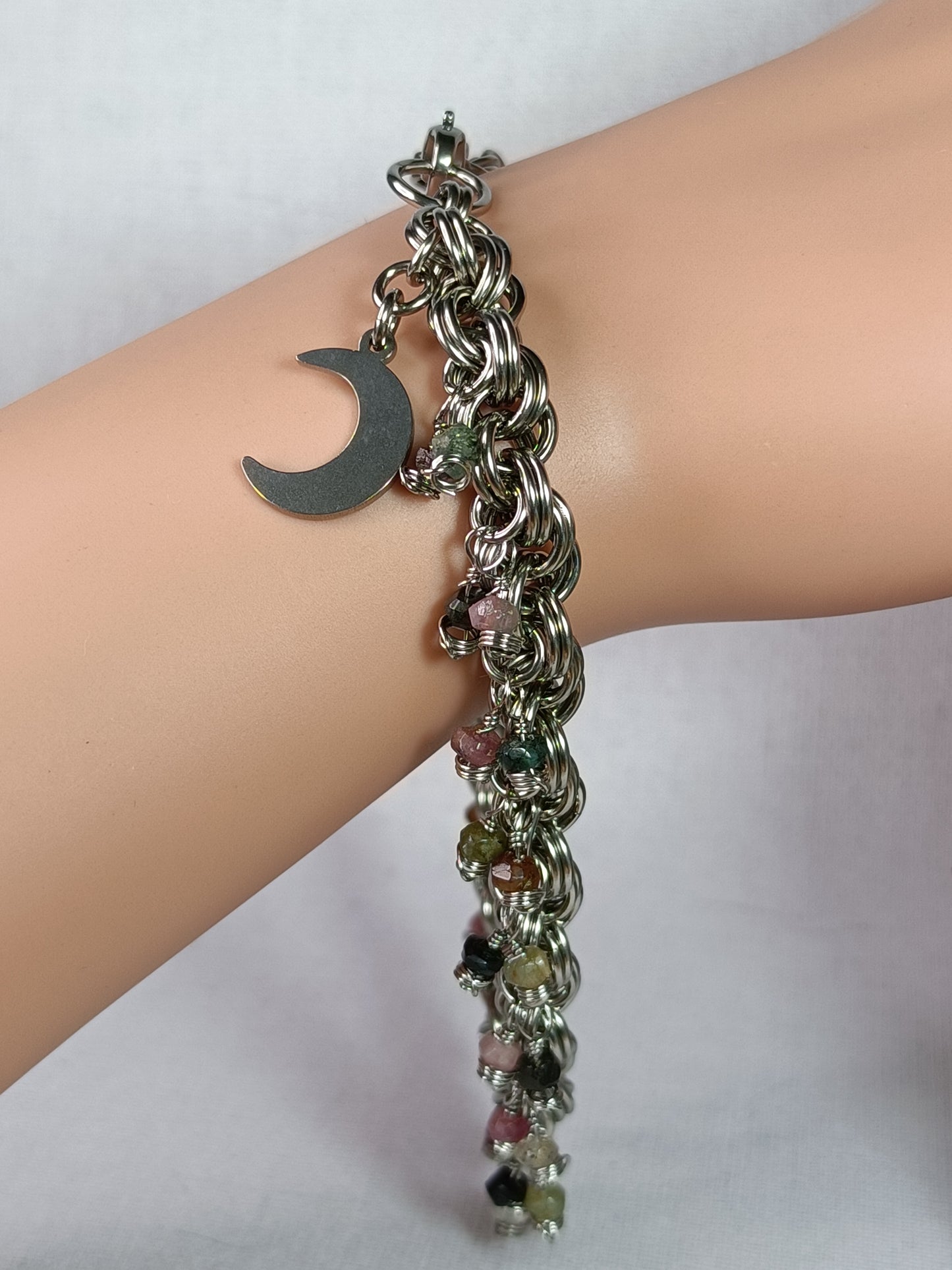 Mixed Tourmaline 18ga Double Spiral Chainmail Charm Bracelet - Stainless Steel