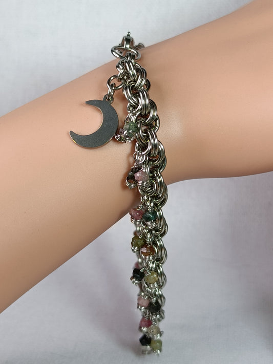 Mixed Tourmaline 18ga Double Spiral Chainmail Charm Bracelet - Stainless Steel