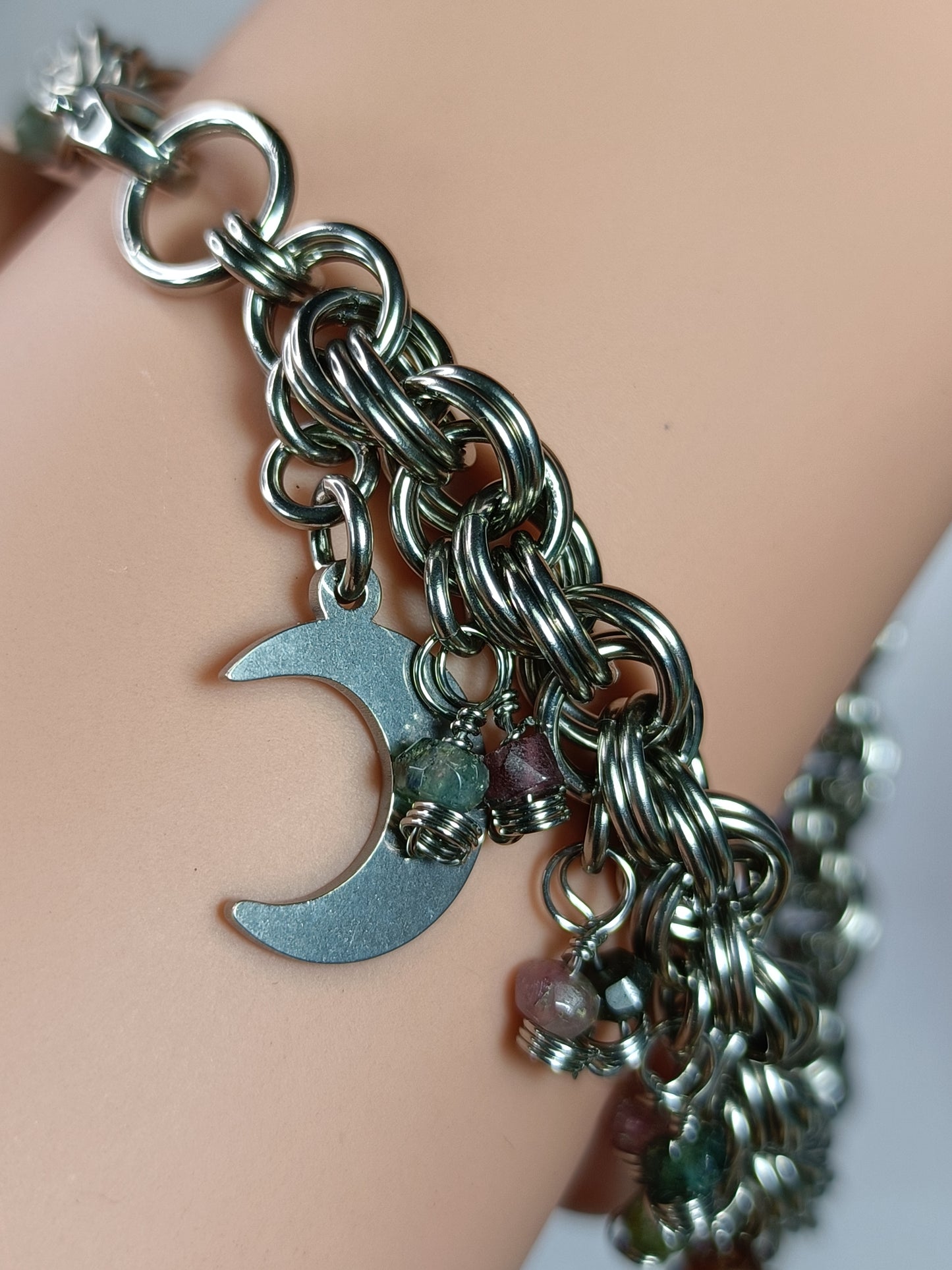 Mixed Tourmaline 18ga Double Spiral Chainmail Charm Bracelet - Stainless Steel