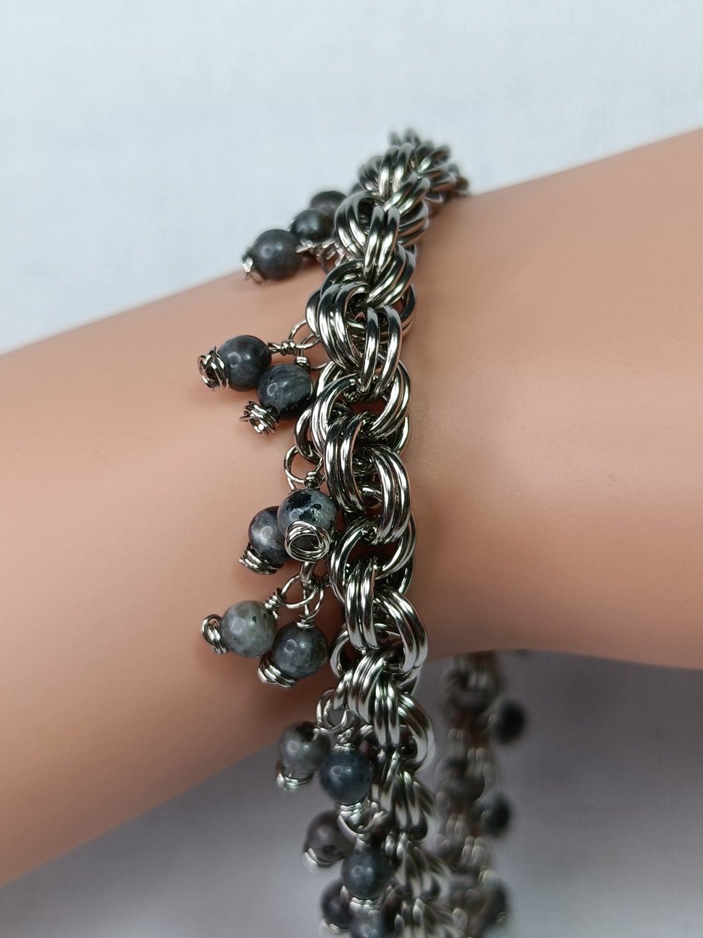Larvikite 18ga Double Spiral Chainmail Charm Bracelet - Stainless Steel