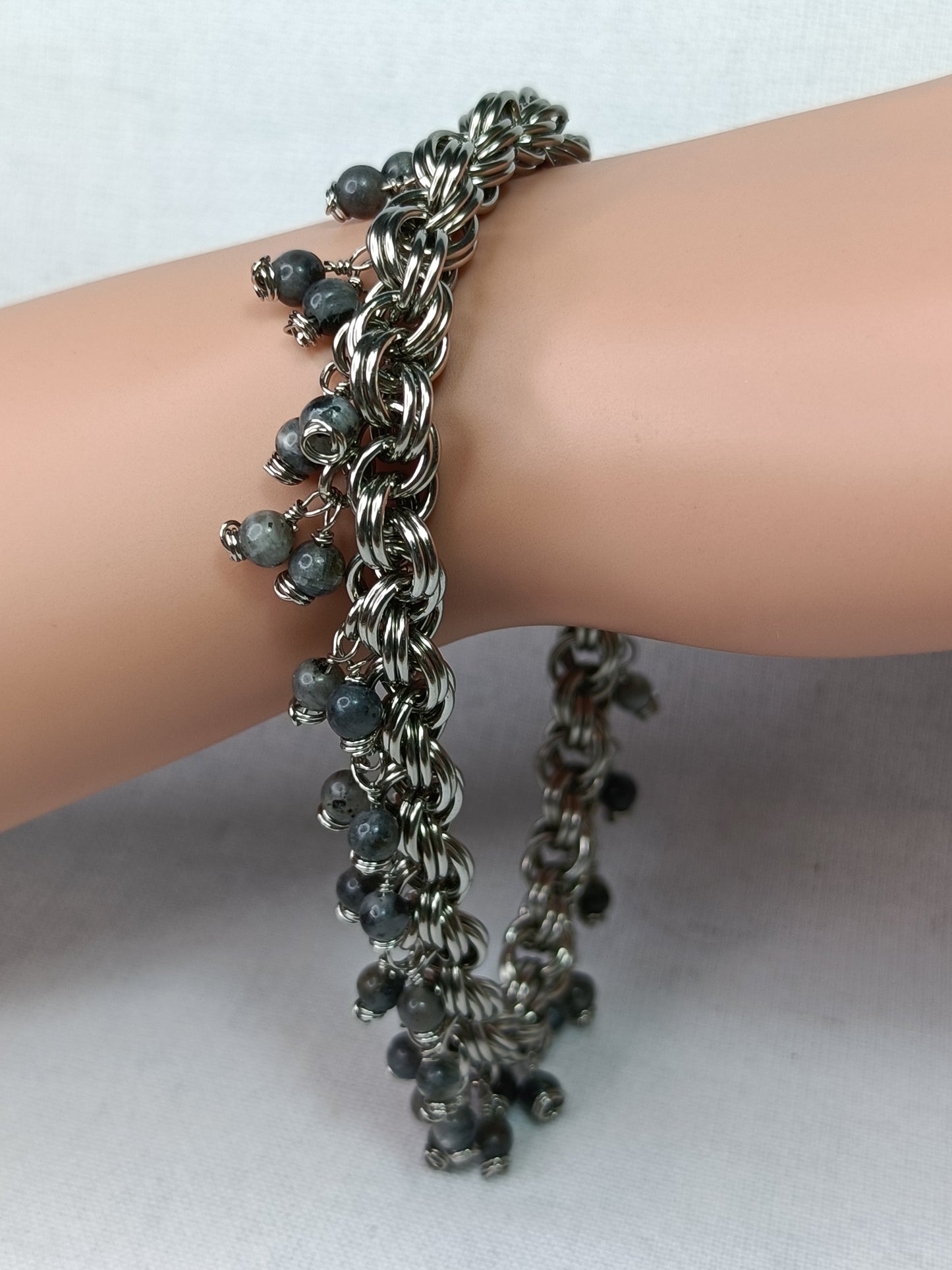 Larvikite 18ga Double Spiral Chainmail Charm Bracelet - Stainless Steel