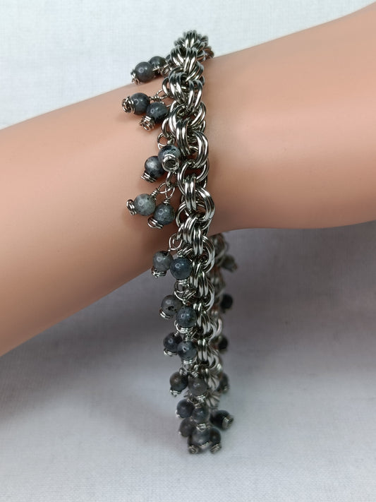 Larvikite 18ga Double Spiral Chainmail Charm Bracelet - Stainless Steel