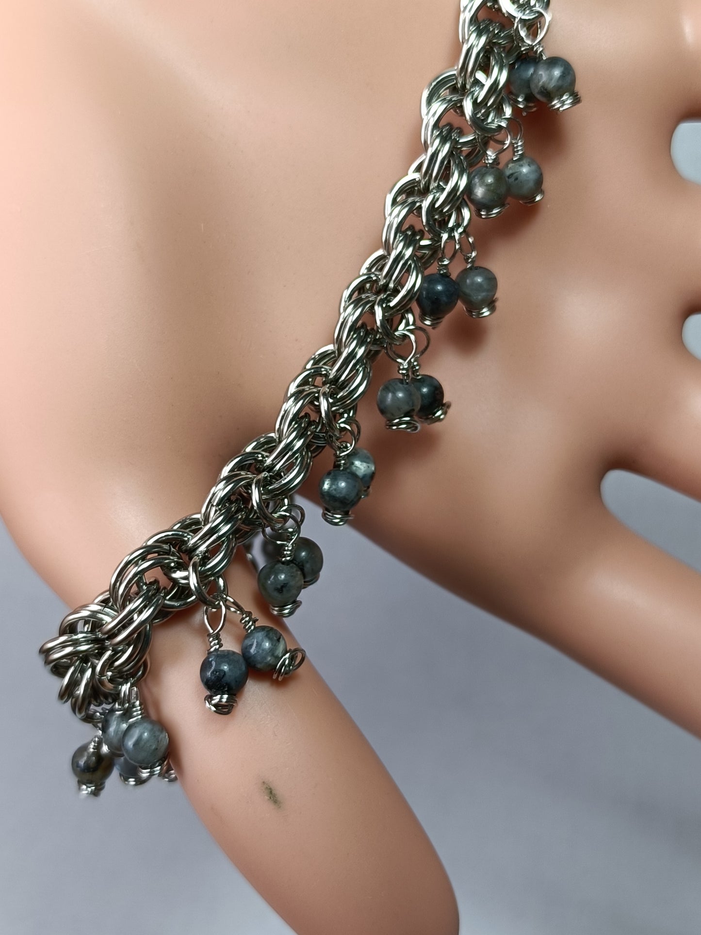 Larvikite 18ga Double Spiral Chainmail Charm Bracelet - Stainless Steel