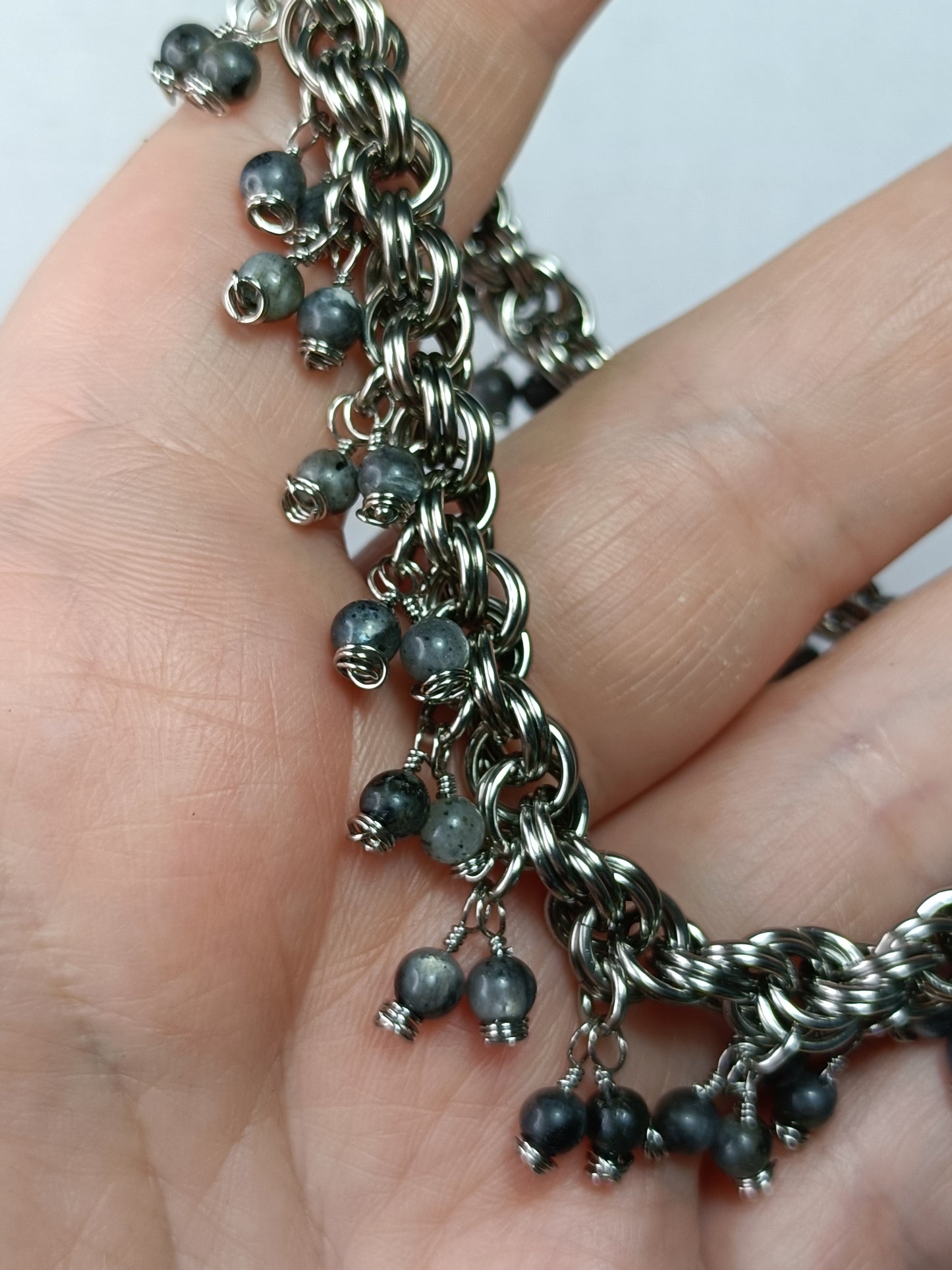 Larvikite 18ga Double Spiral Chainmail Charm Bracelet - Stainless Steel