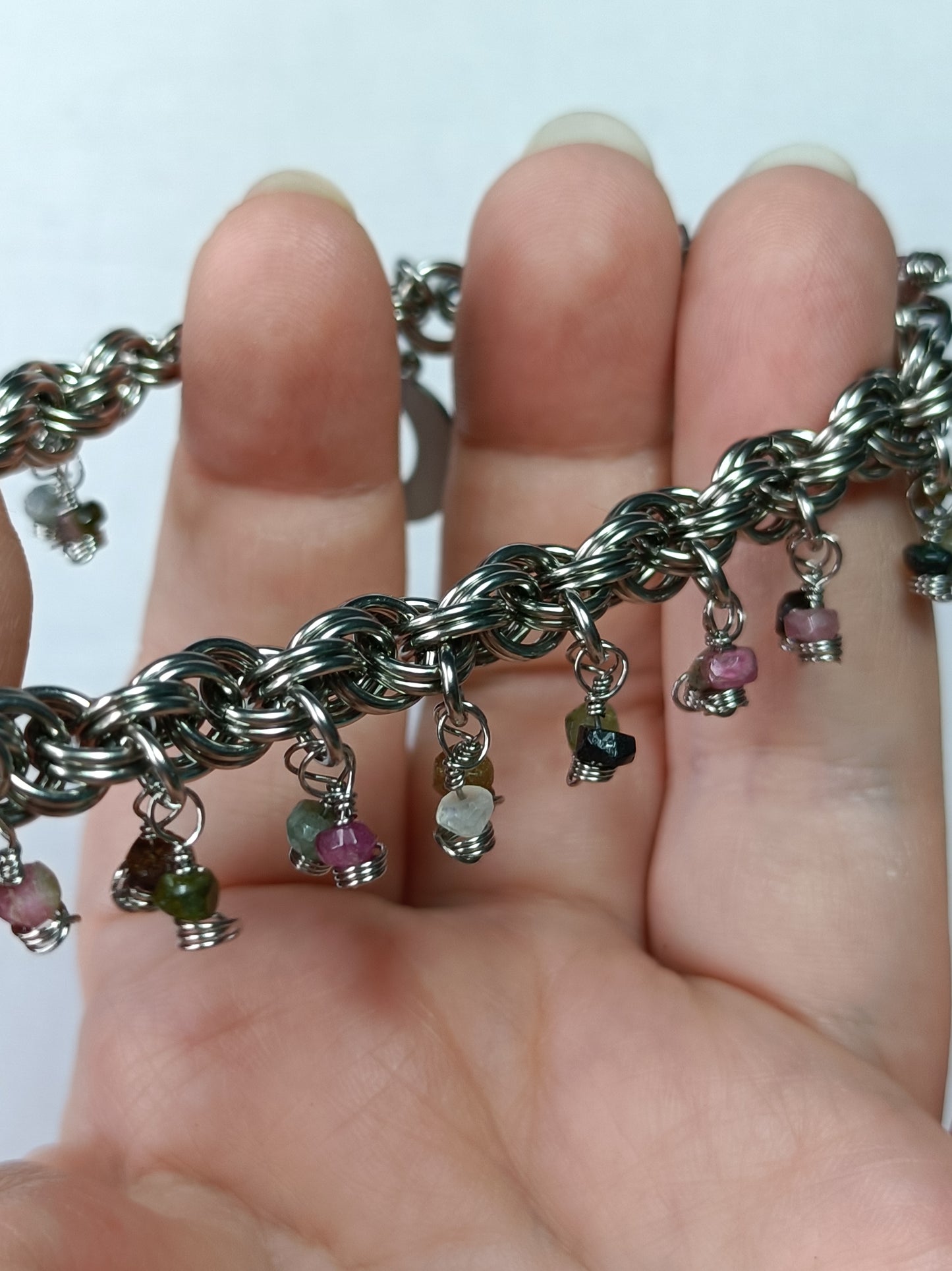 Mixed Tourmaline 18ga Double Spiral Chainmail Charm Bracelet - Stainless Steel