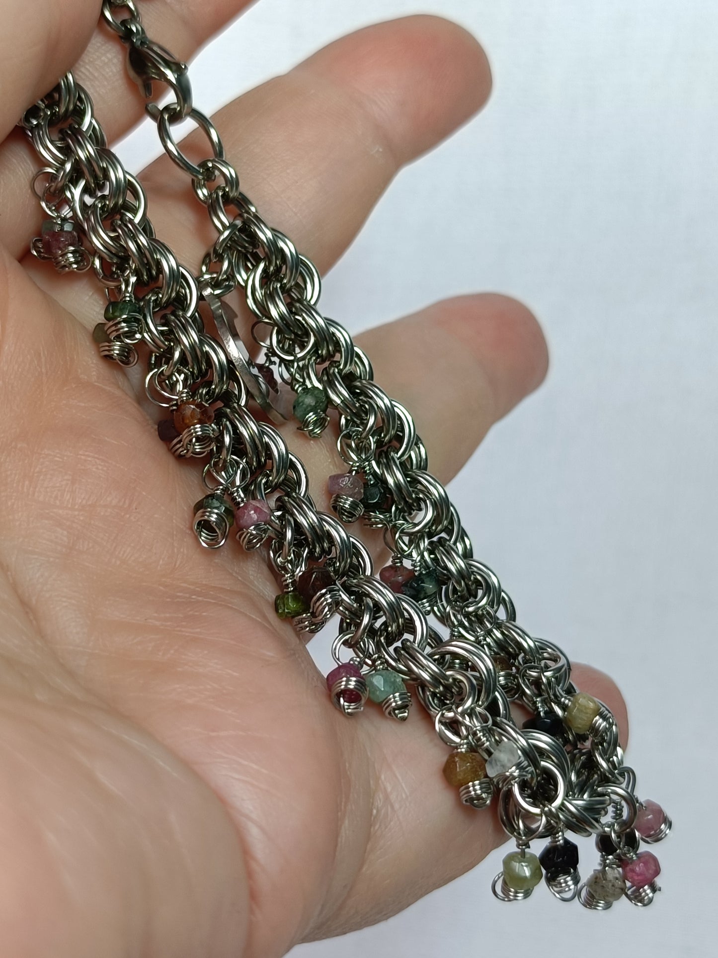 Mixed Tourmaline 18ga Double Spiral Chainmail Charm Bracelet - Stainless Steel