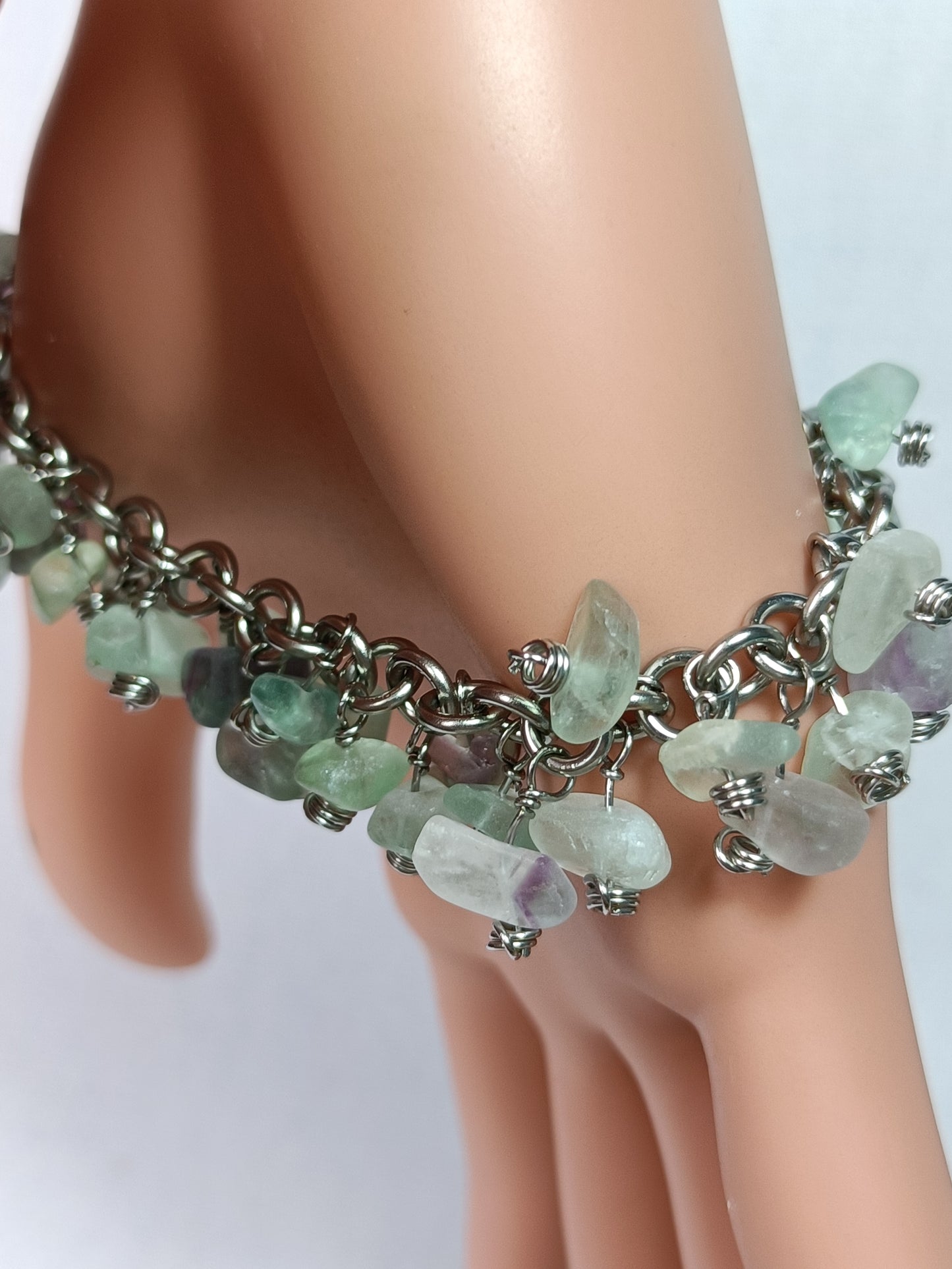 Fluorite Chainmail Charm Bracelet - Stainless Steel