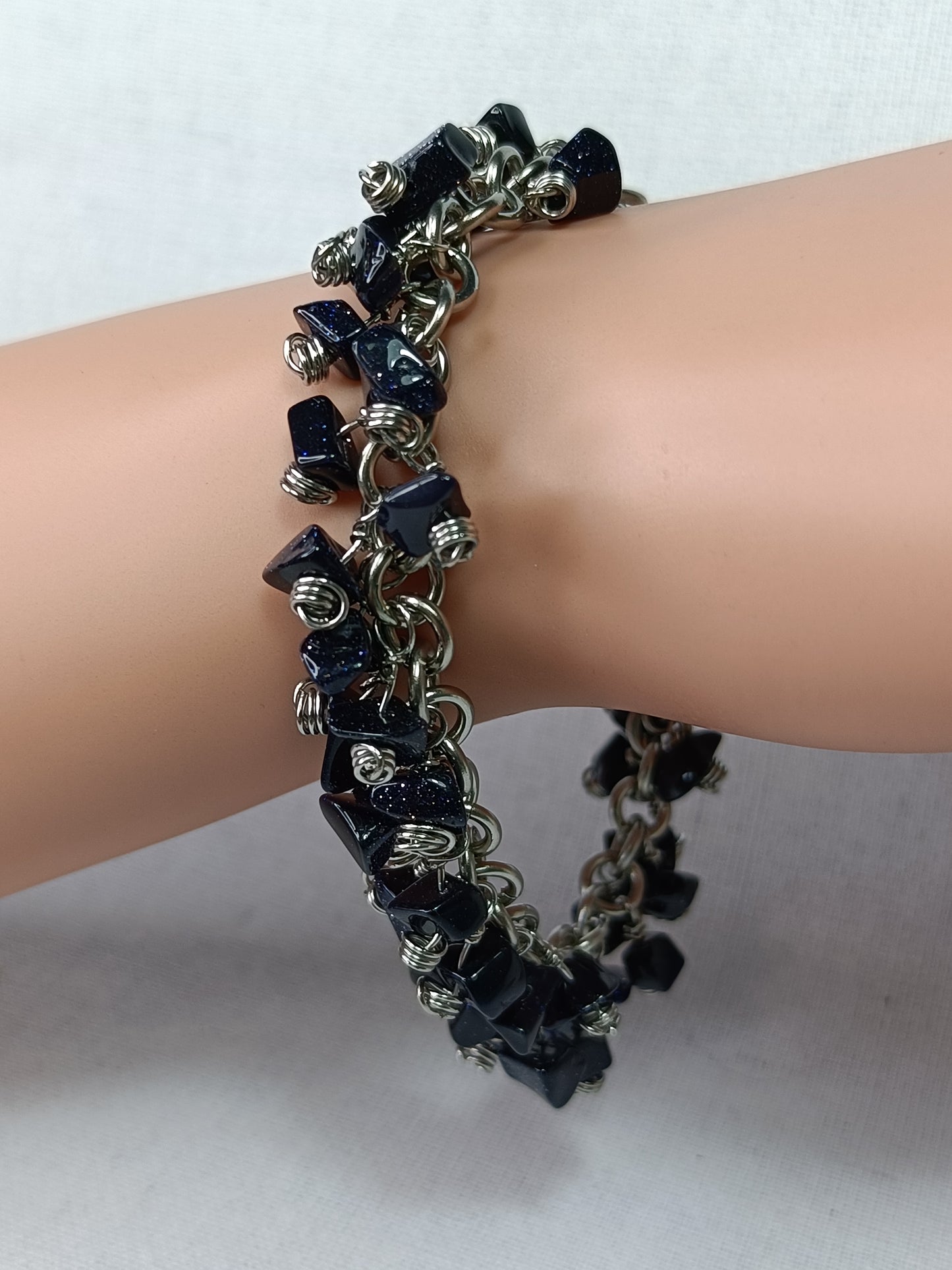 Blue Goldstone Chainmail Charm Bracelet - Stainless Steel