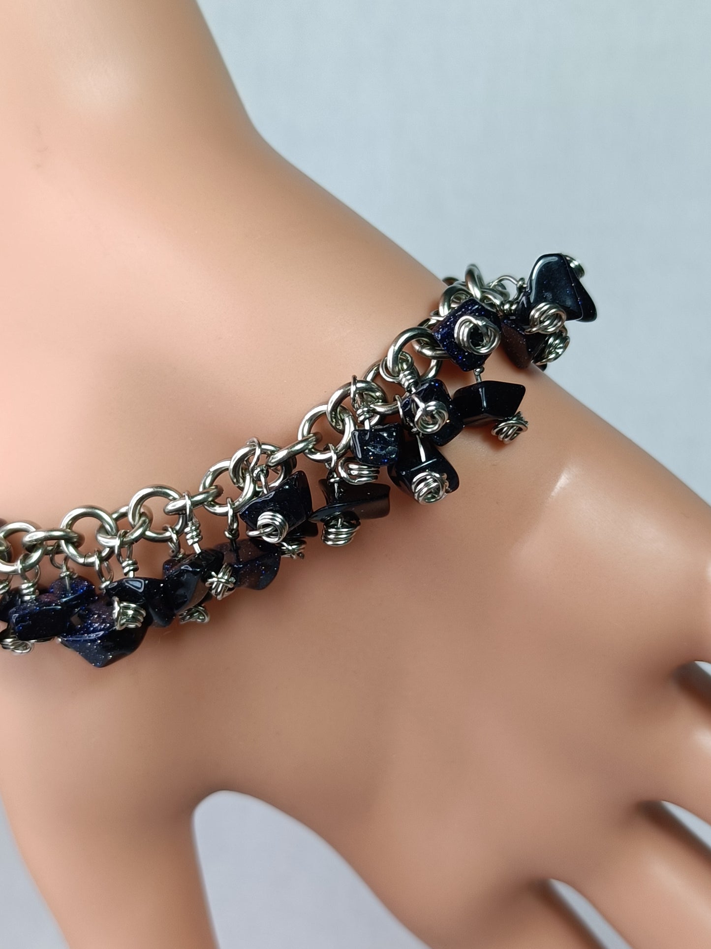 Blue Goldstone Chainmail Charm Bracelet - Stainless Steel