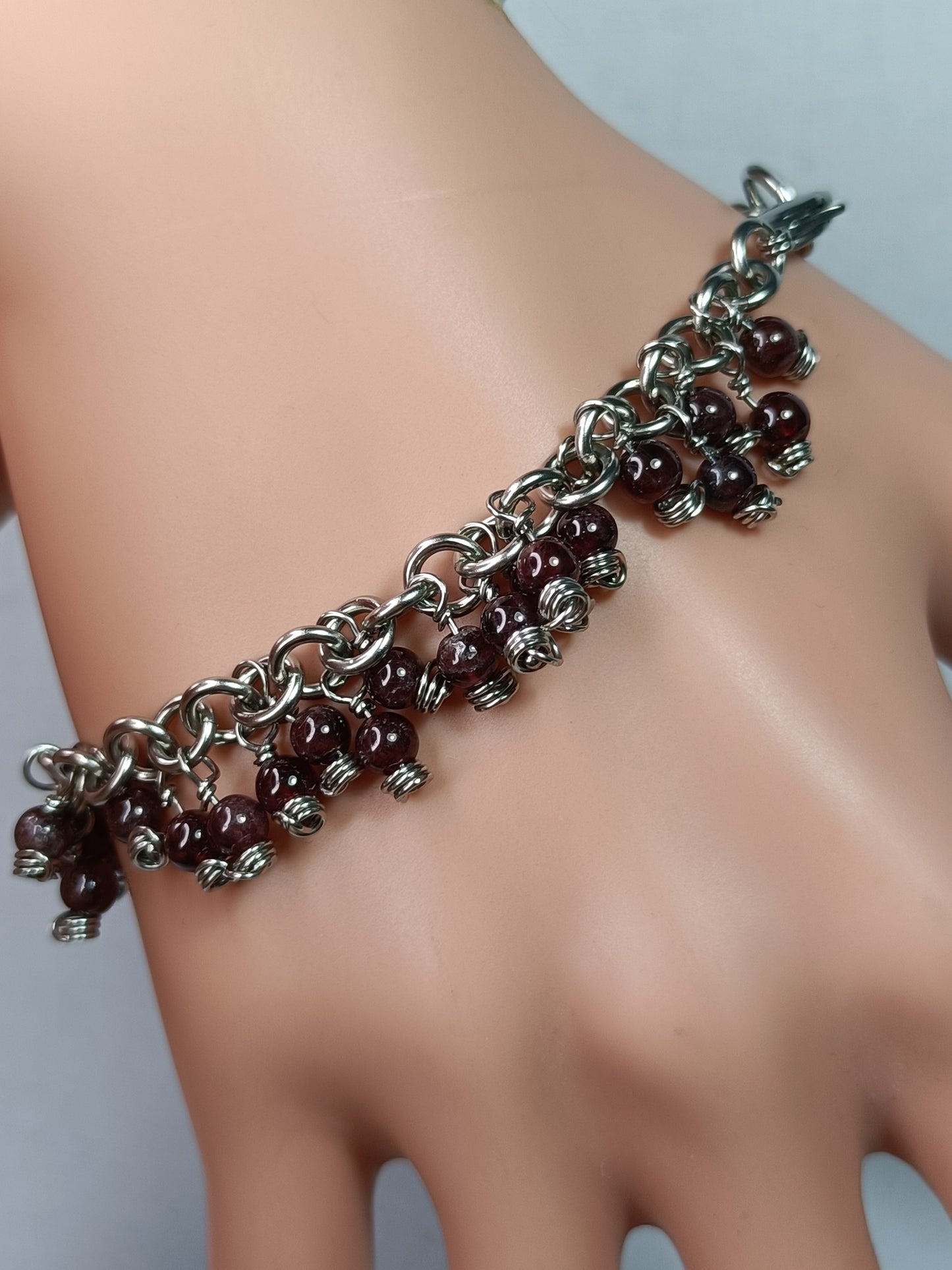 Garnet Chainmail Charm Bracelet - Stainless Steel
