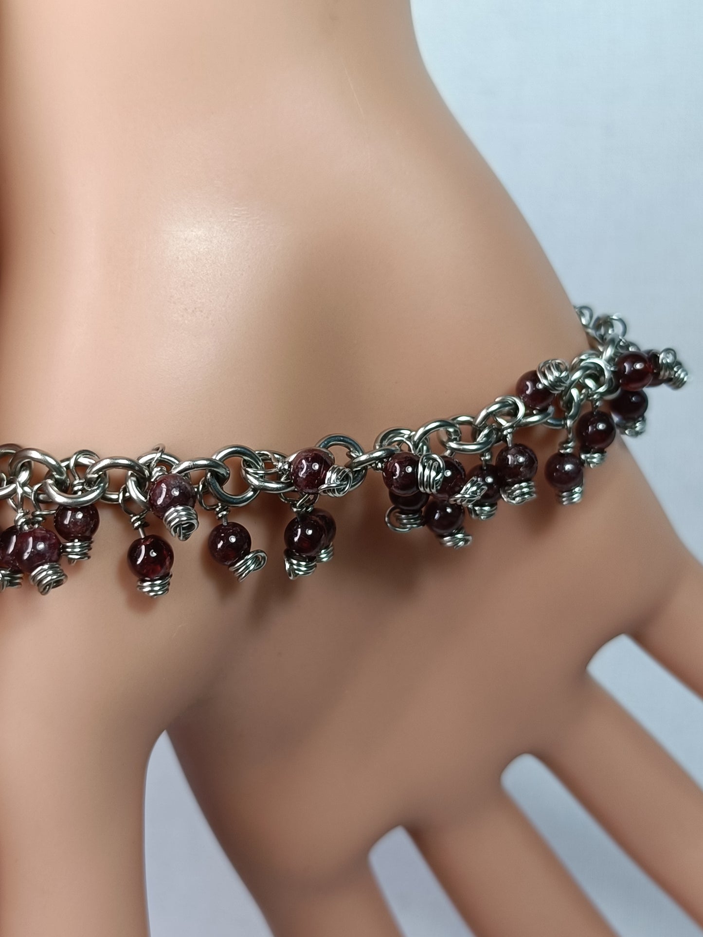 Garnet Chainmail Charm Bracelet - Stainless Steel