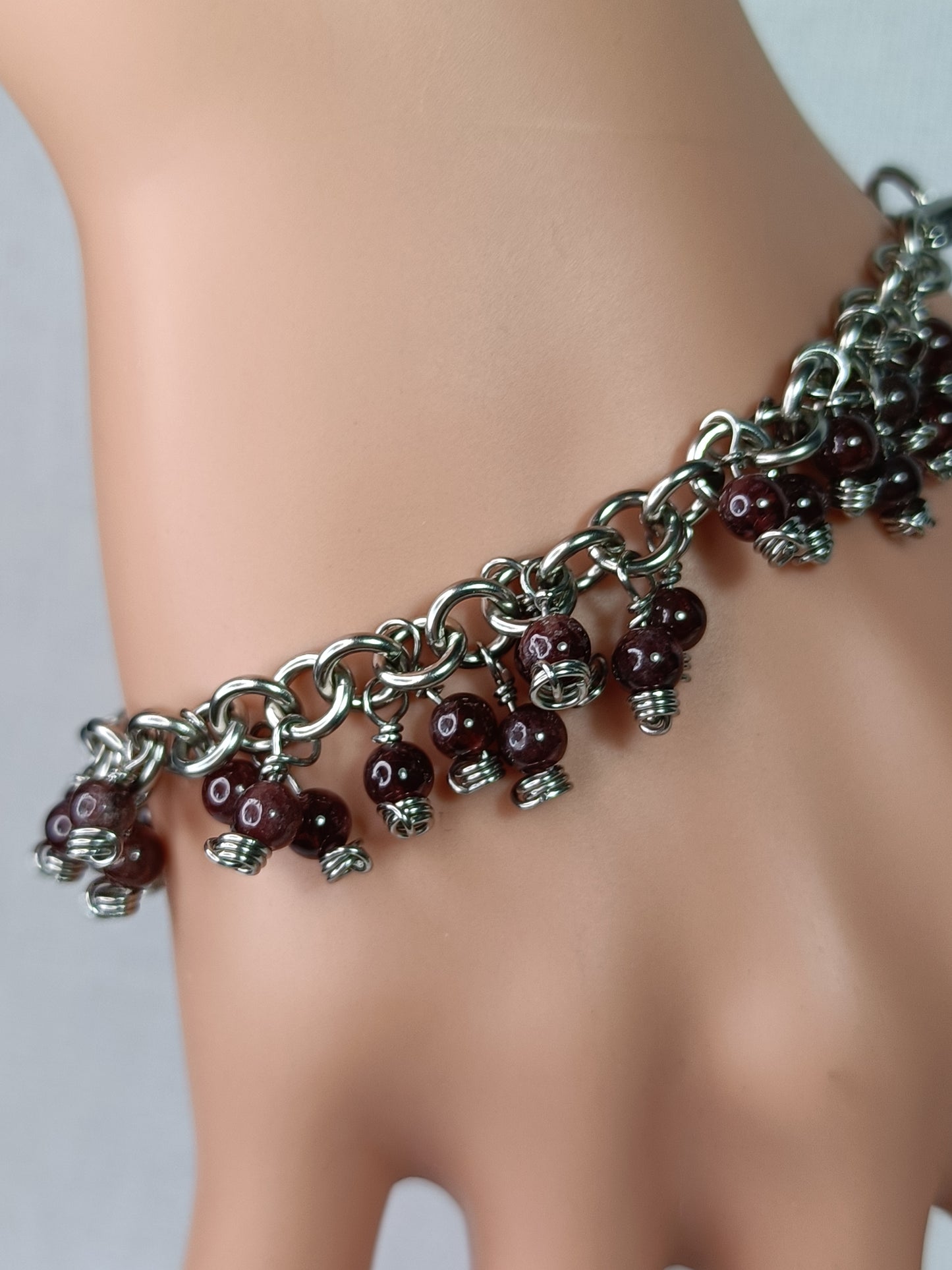 Garnet Chainmail Charm Bracelet - Stainless Steel