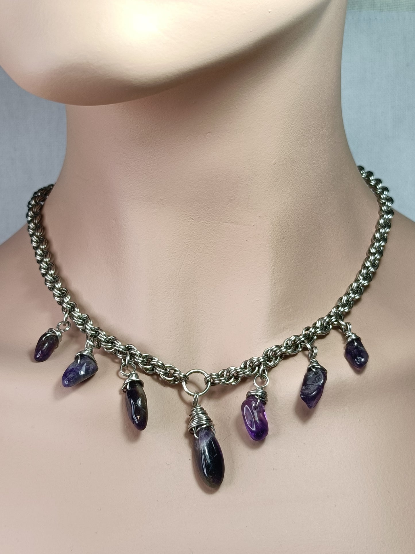 Stainless Steel Double Spiral Rope Chain Necklace with Amethyst - Stainless Steel