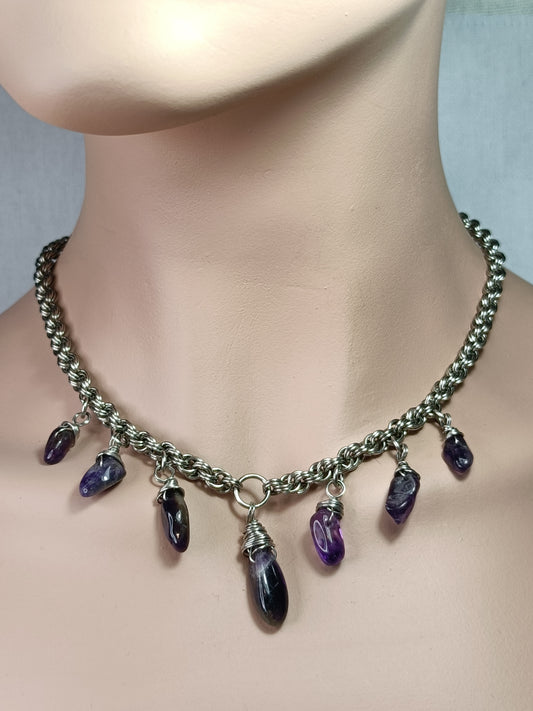 Stainless Steel Double Spiral Rope Chain Necklace with Amethyst - Stainless Steel