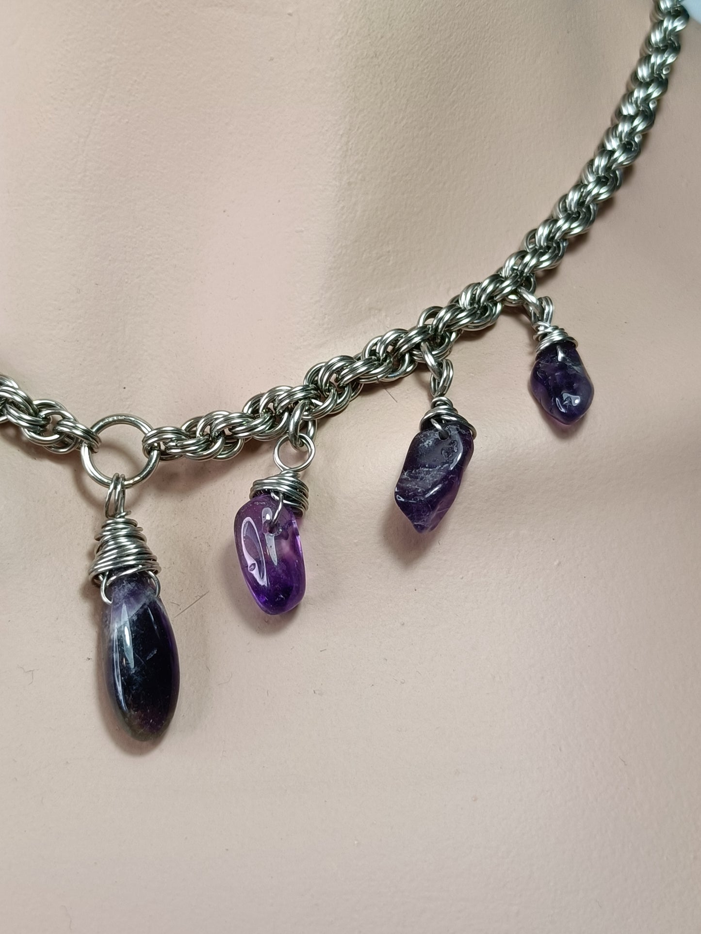 Stainless Steel Double Spiral Rope Chain Necklace with Amethyst - Stainless Steel