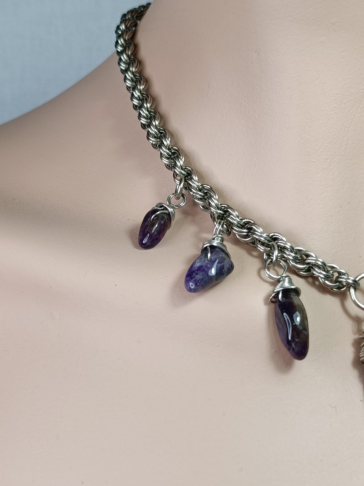 Stainless Steel Double Spiral Rope Chain Necklace with Amethyst - Stainless Steel