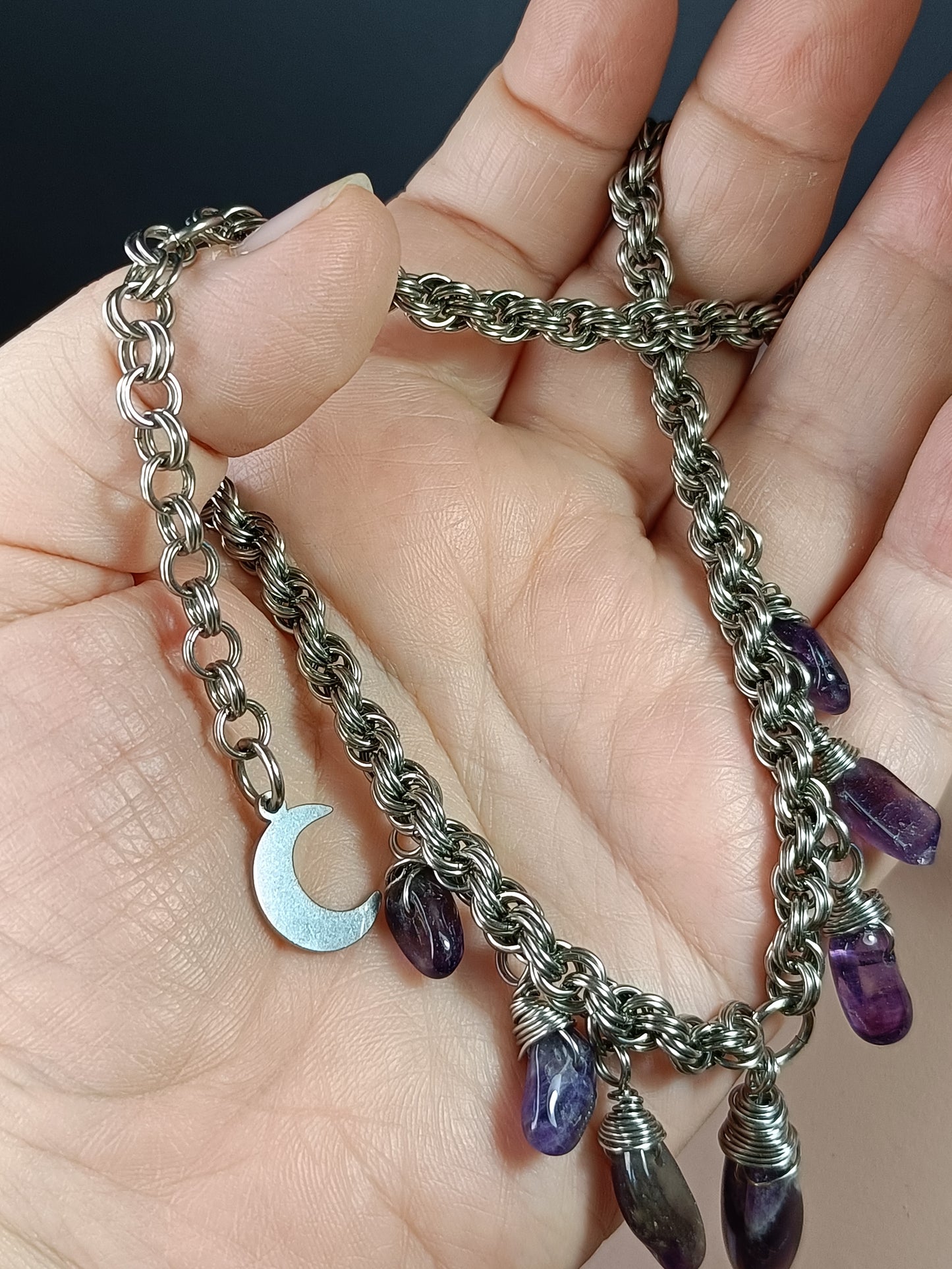 Stainless Steel Double Spiral Rope Chain Necklace with Amethyst - Stainless Steel