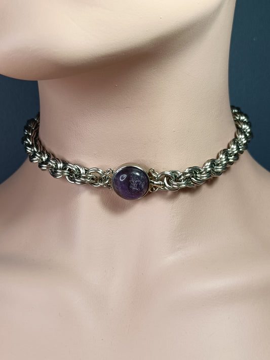 Double Spiral Chainmail Necklace with Amethyst Clasp - Stainless Steel