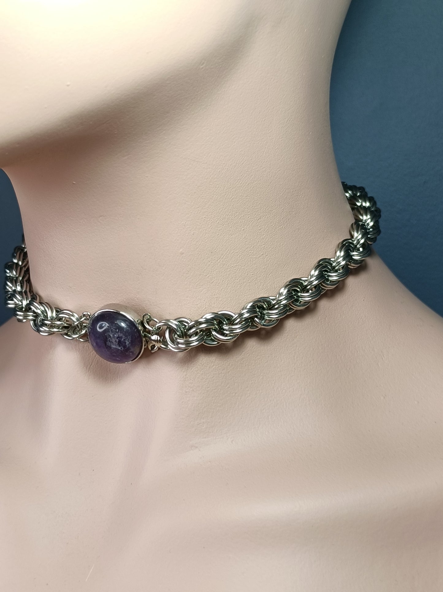Double Spiral Chainmail Necklace with Amethyst Clasp - Stainless Steel