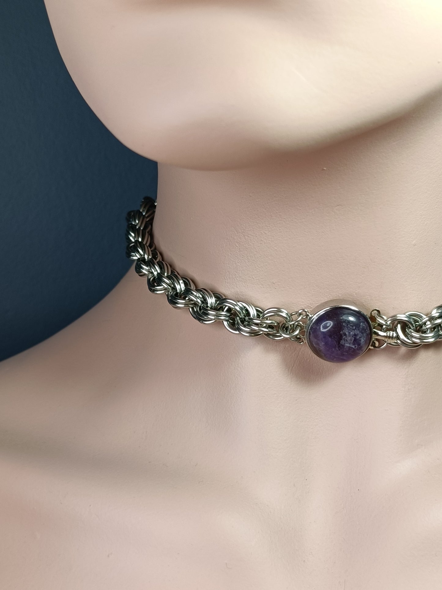 Double Spiral Chainmail Necklace with Amethyst Clasp - Stainless Steel