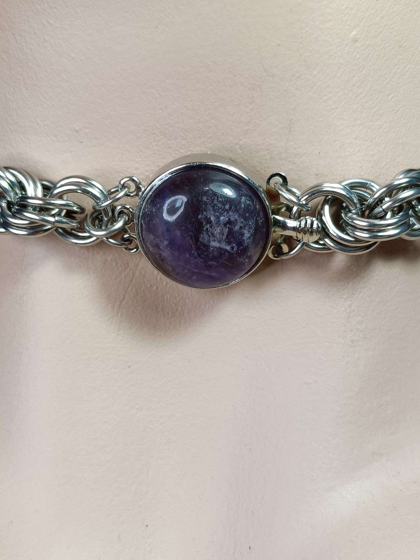 Double Spiral Chainmail Necklace with Amethyst Clasp - Stainless Steel
