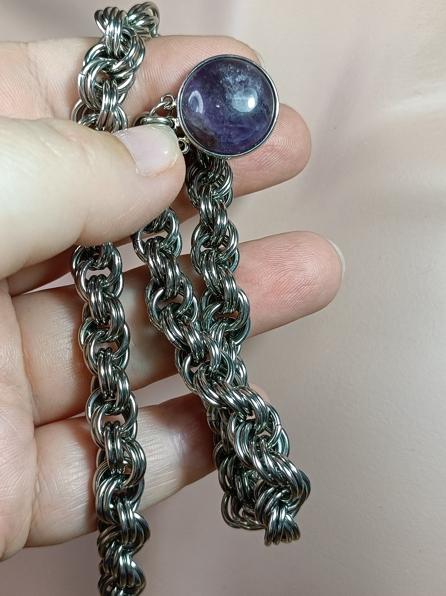 Double Spiral Chainmail Necklace with Amethyst Clasp - Stainless Steel