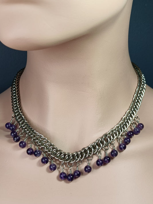HP 4-1 Chainmail Necklace with Amethyst Beaded Dangles - Stainless Steel