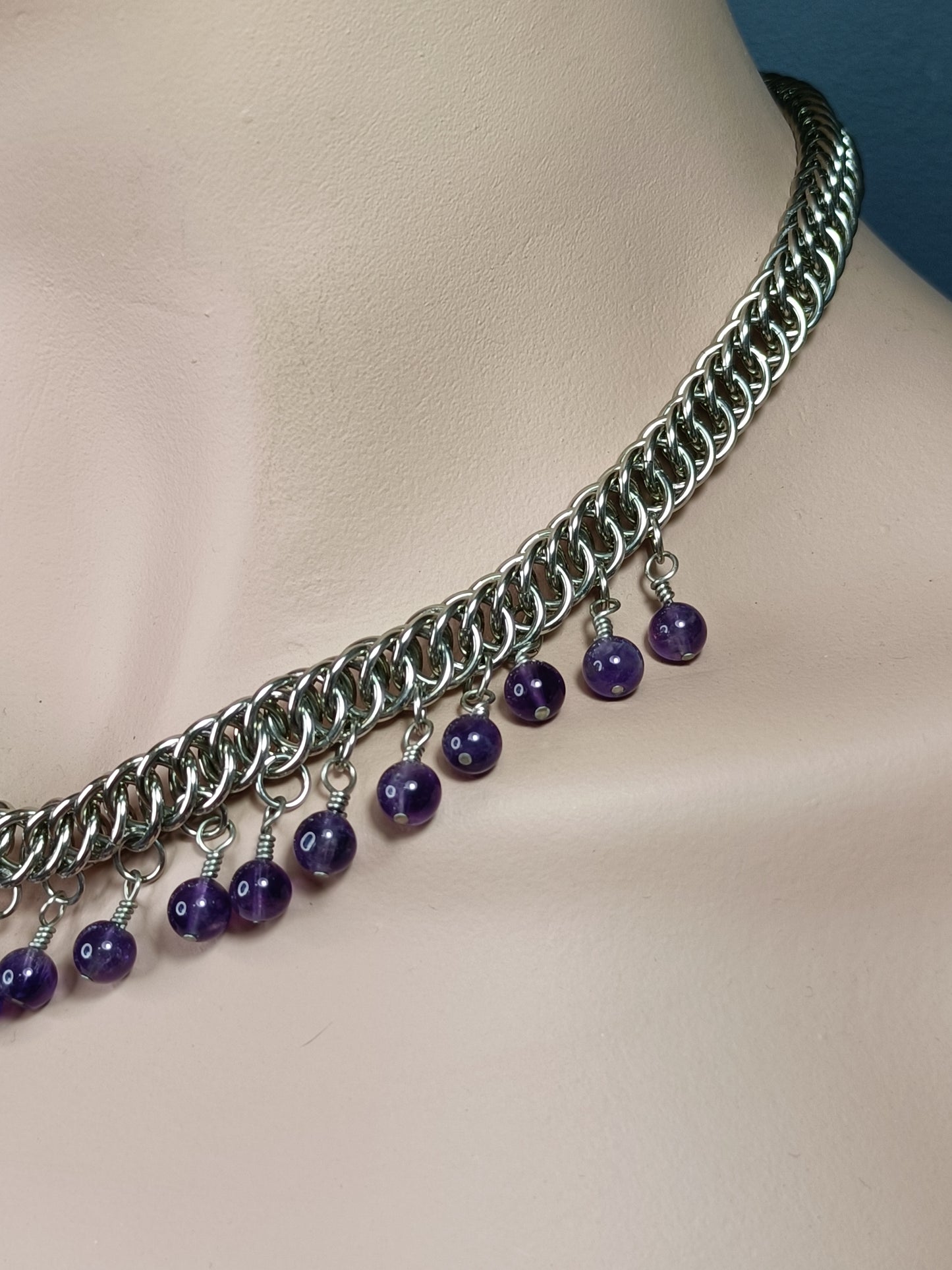 HP 4-1 Chainmail Necklace with Amethyst Beaded Dangles - Stainless Steel