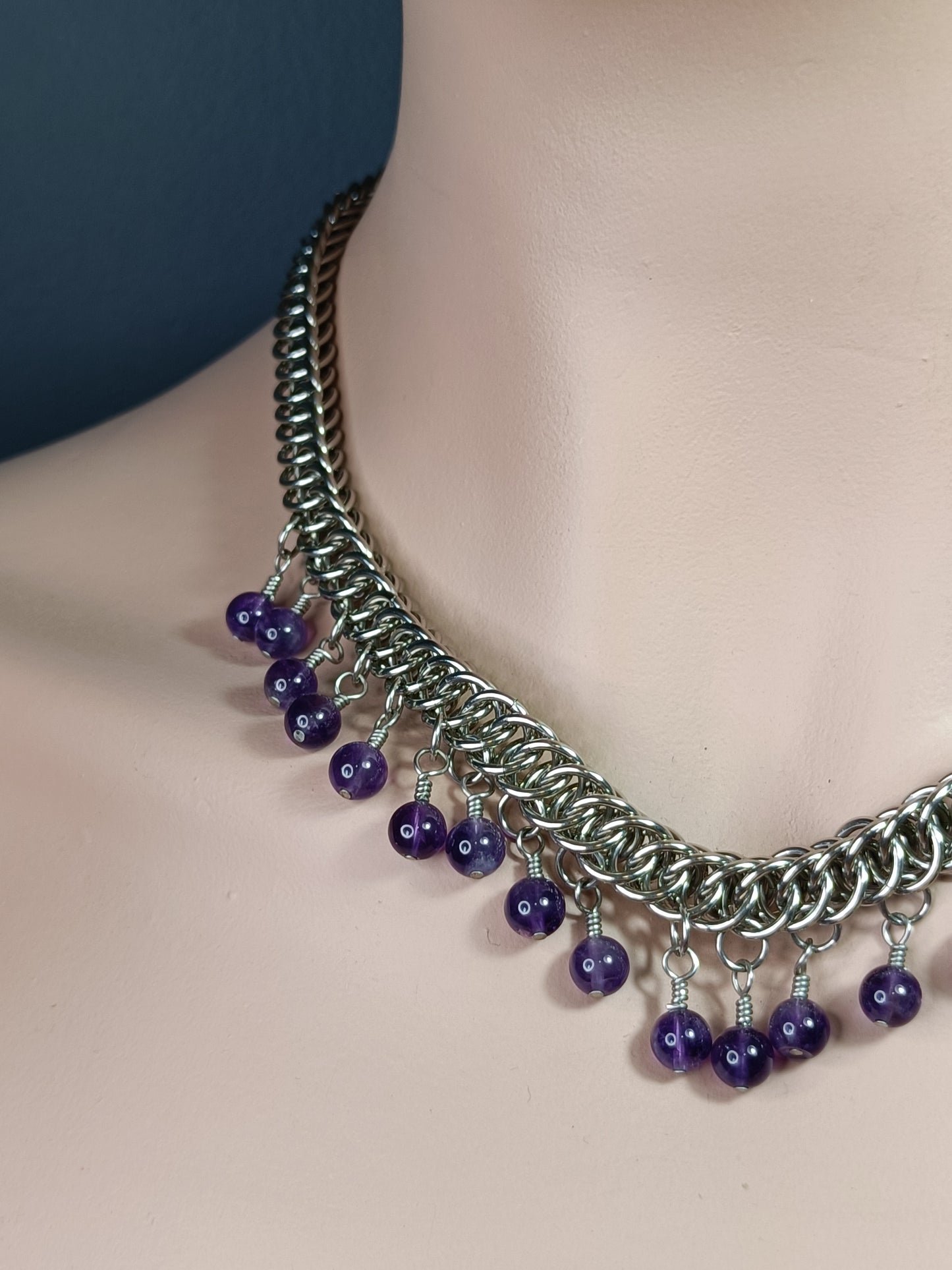 HP 4-1 Chainmail Necklace with Amethyst Beaded Dangles - Stainless Steel